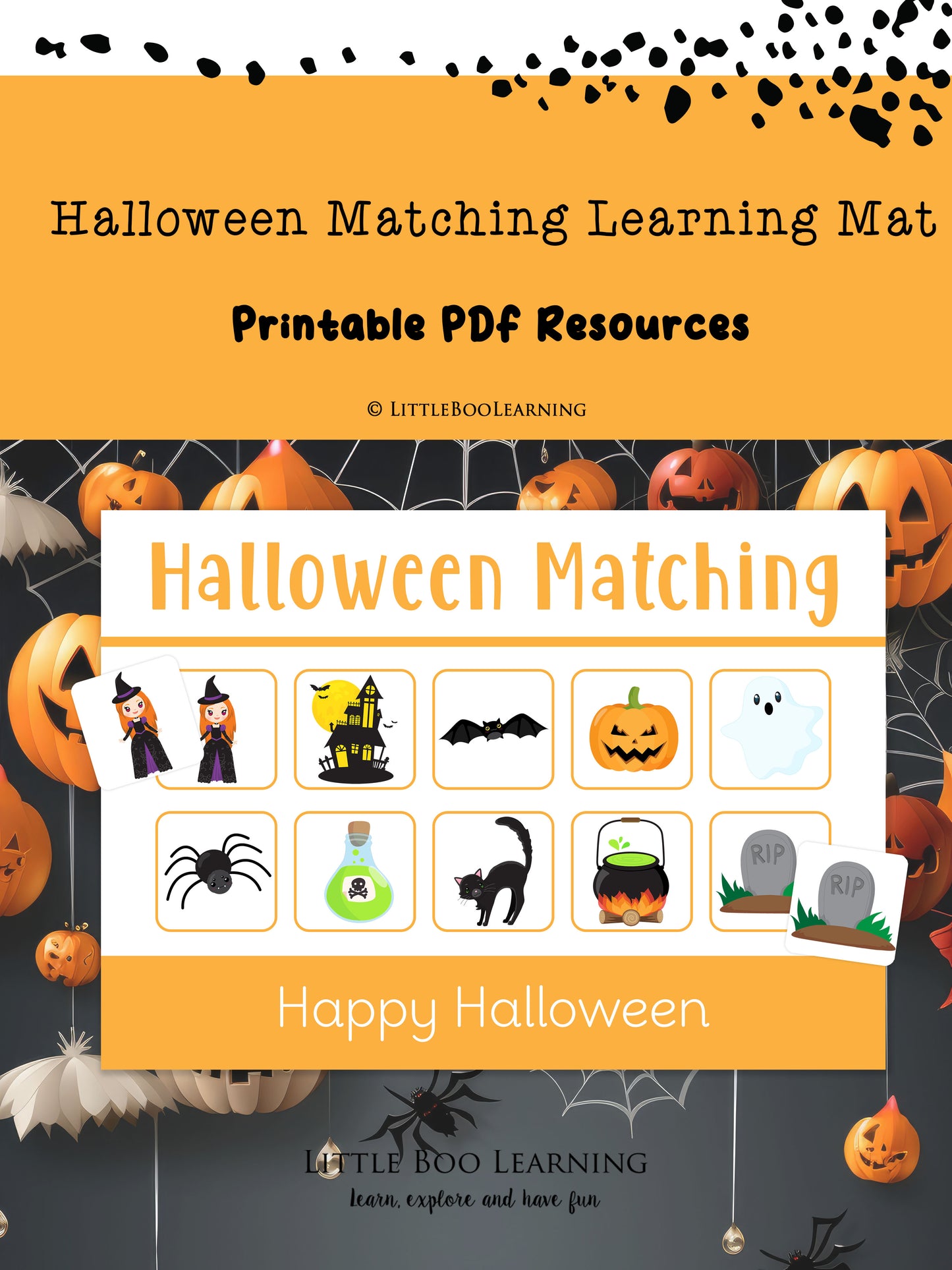 Halloween matching learning mat printable PDF resources with pumpkins and ghosts on an orange background.