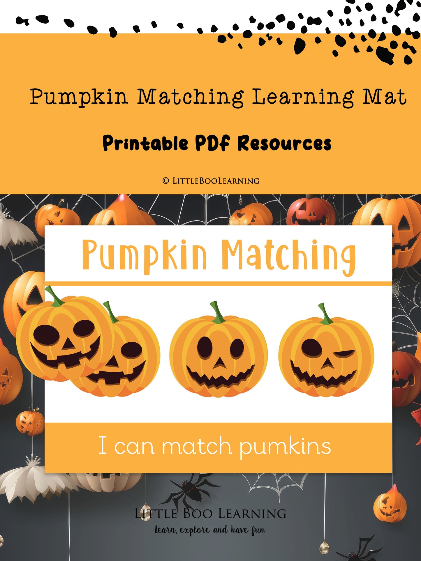 Pumpkin matching learning mat with Halloween-themed design on an orange and black background.