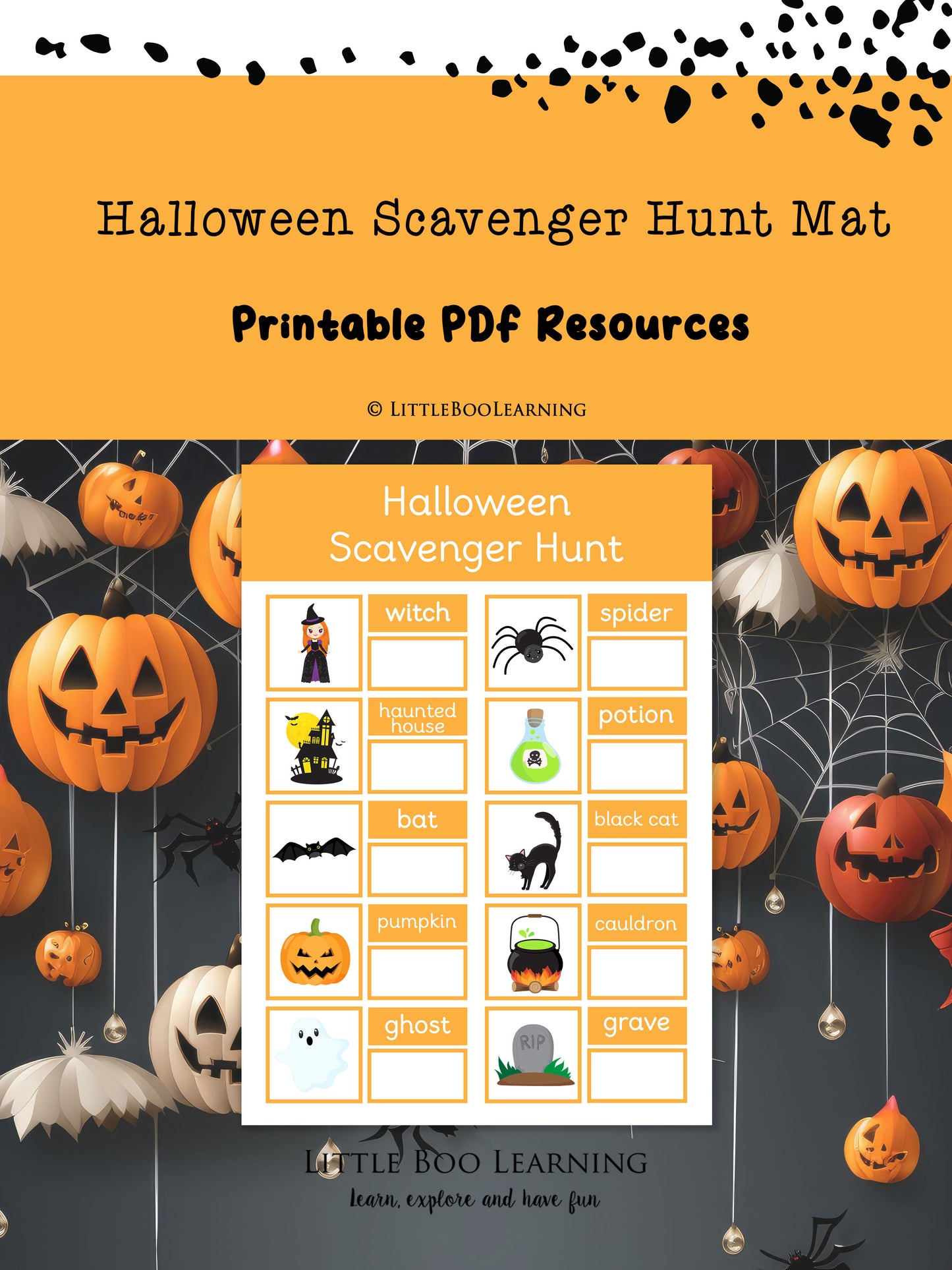 Halloween Scavenger Hunt mat printable PDF resources with pumpkins and ghosts on a dark background.