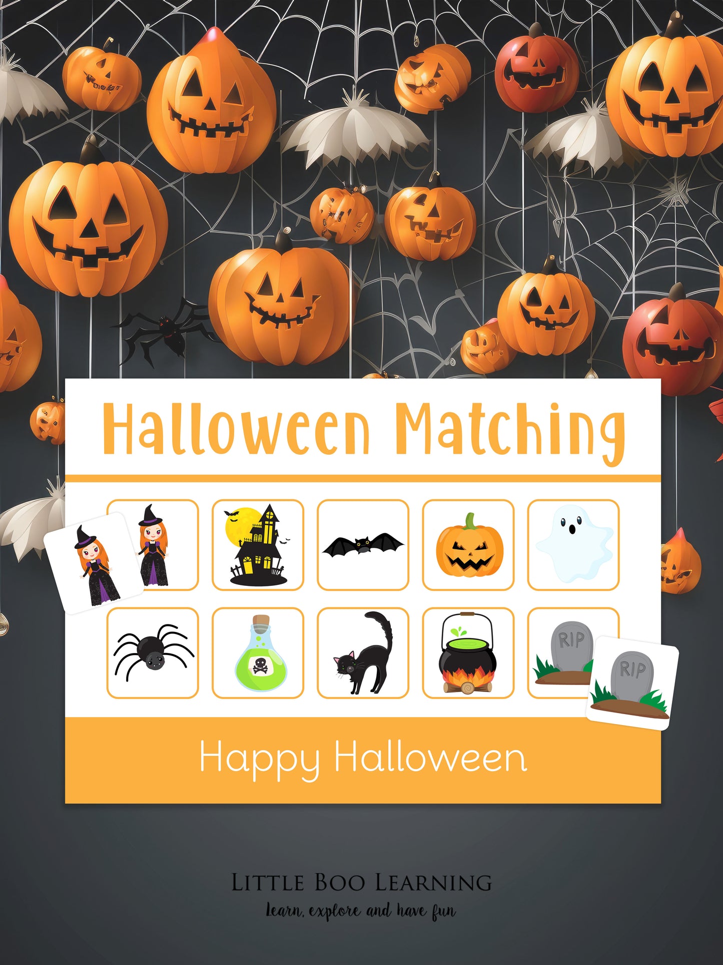 Halloween-themed matching game with pumpkins and icons on a dark background