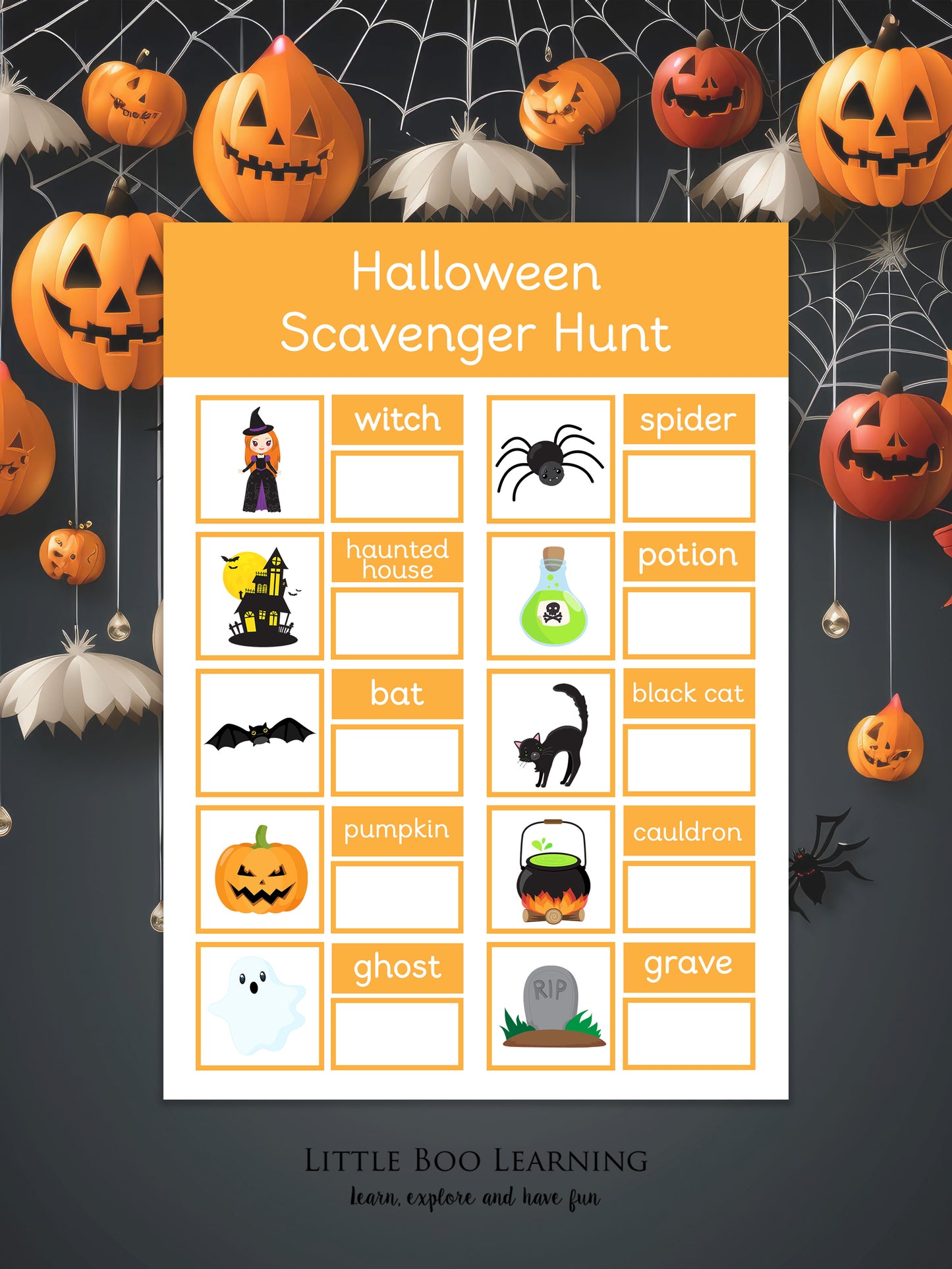 Halloween Scavenger Hunt game sheet with pumpkins and spider webs on a dark background