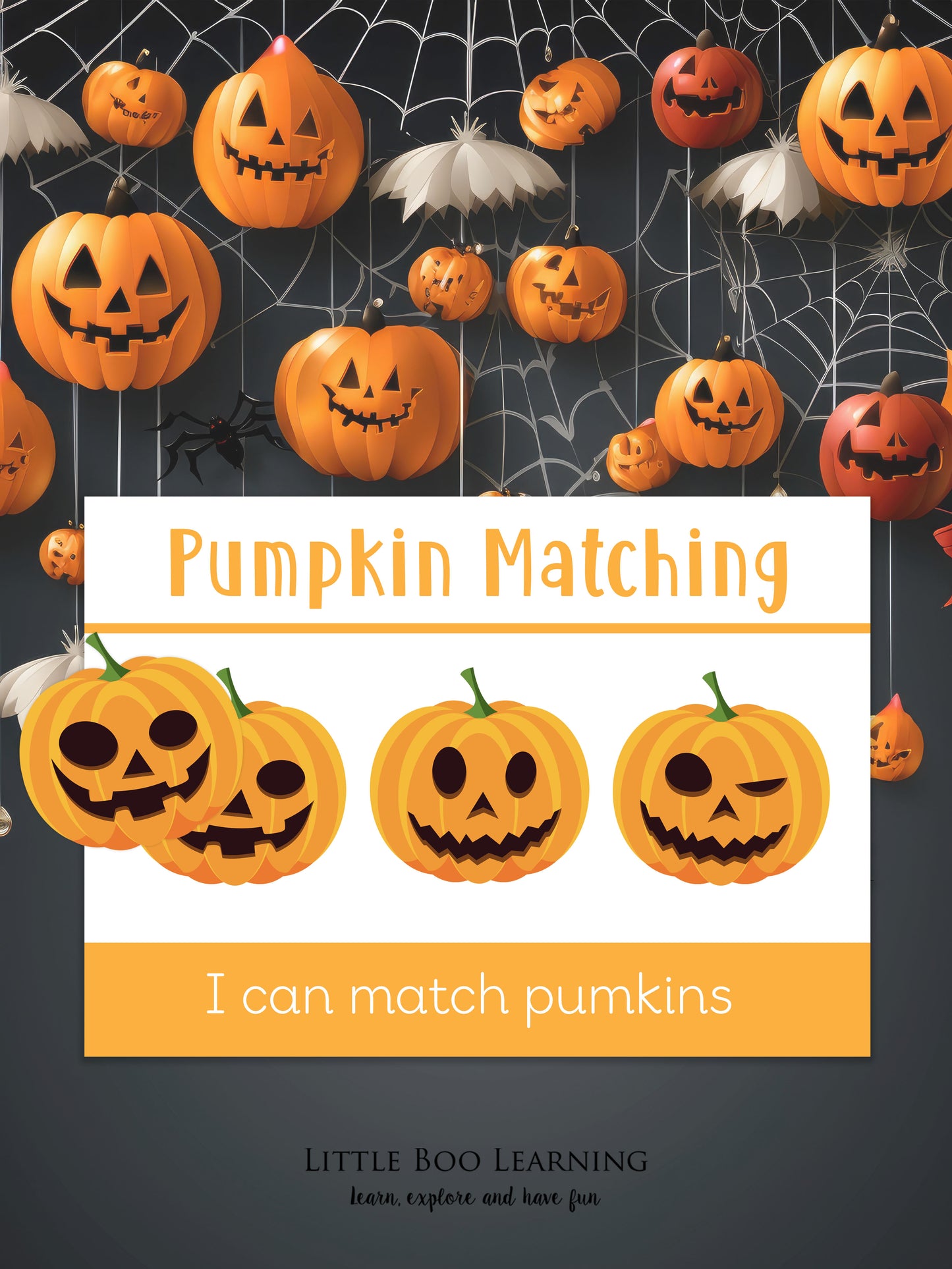 Halloween-themed activity book cover with pumpkins and spider webs on a dark background.