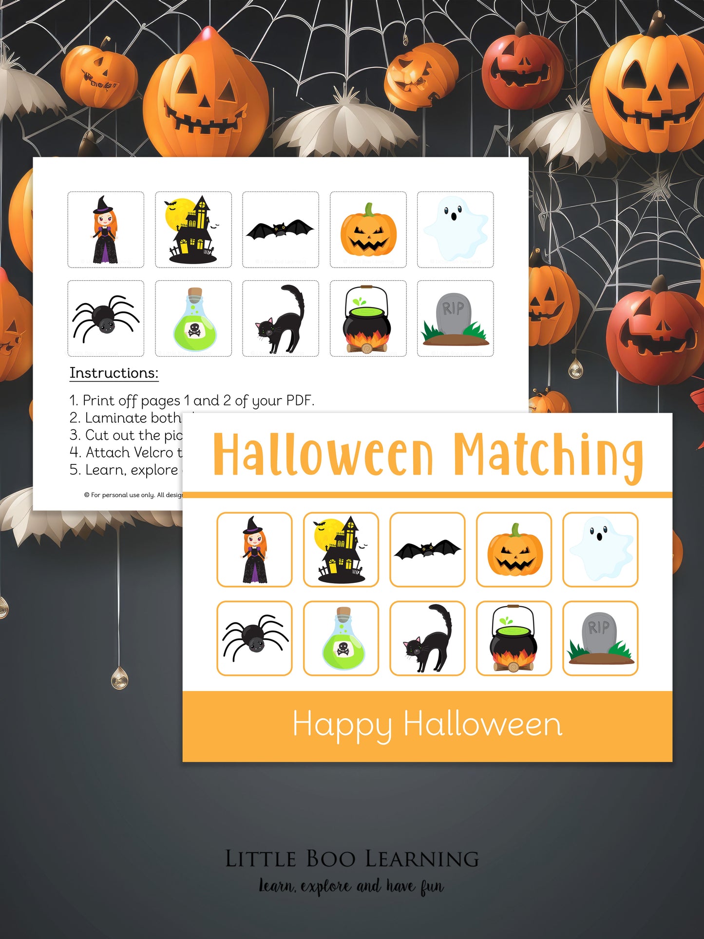 Halloween-themed educational material with pumpkins and spider webs on a dark background