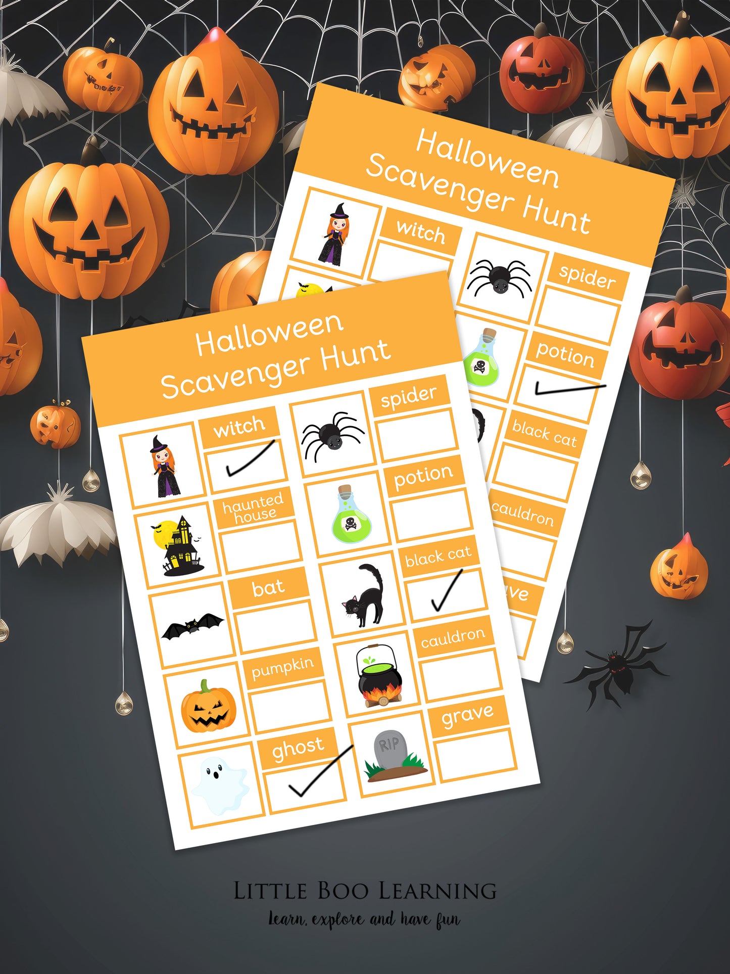 Halloween Scavenger Hunt sheets with pumpkins and spider webs on a dark background