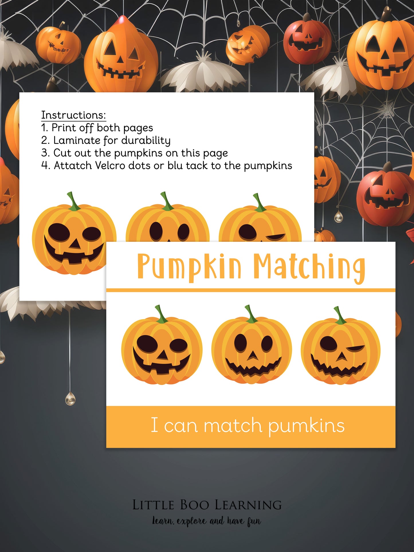 Halloween-themed pumpkin matching activity sheet with instructions on a dark background.