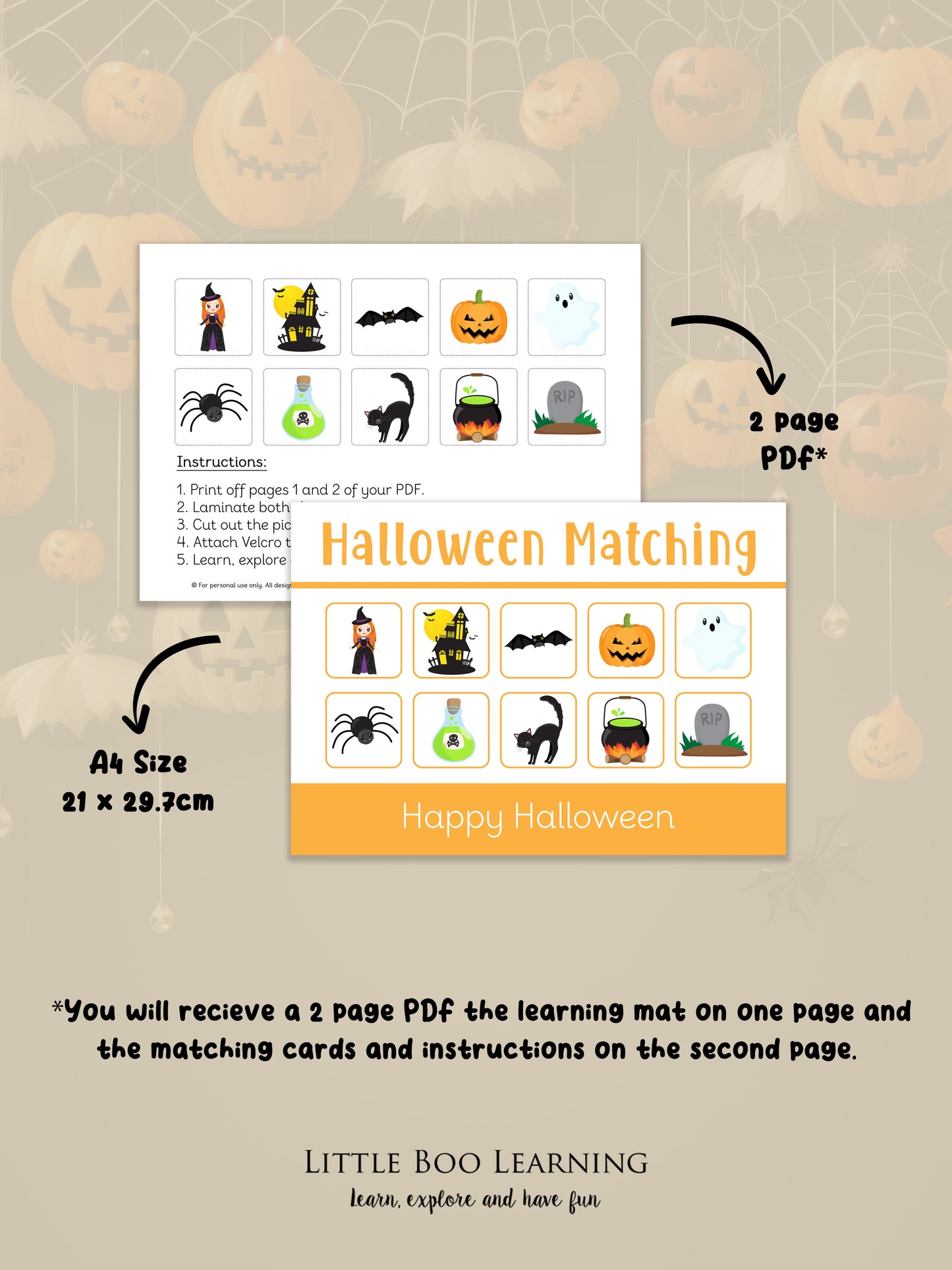Halloween matching activity sheet with icons and text on a Halloween-themed background.