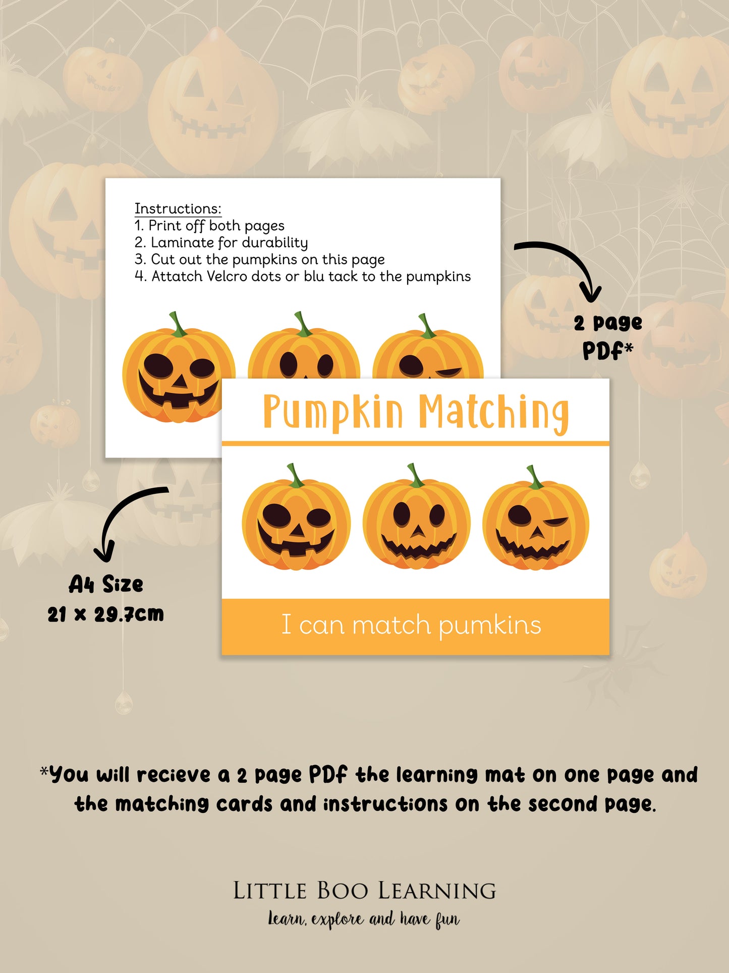 Halloween-themed educational material with pumpkins on a beige background