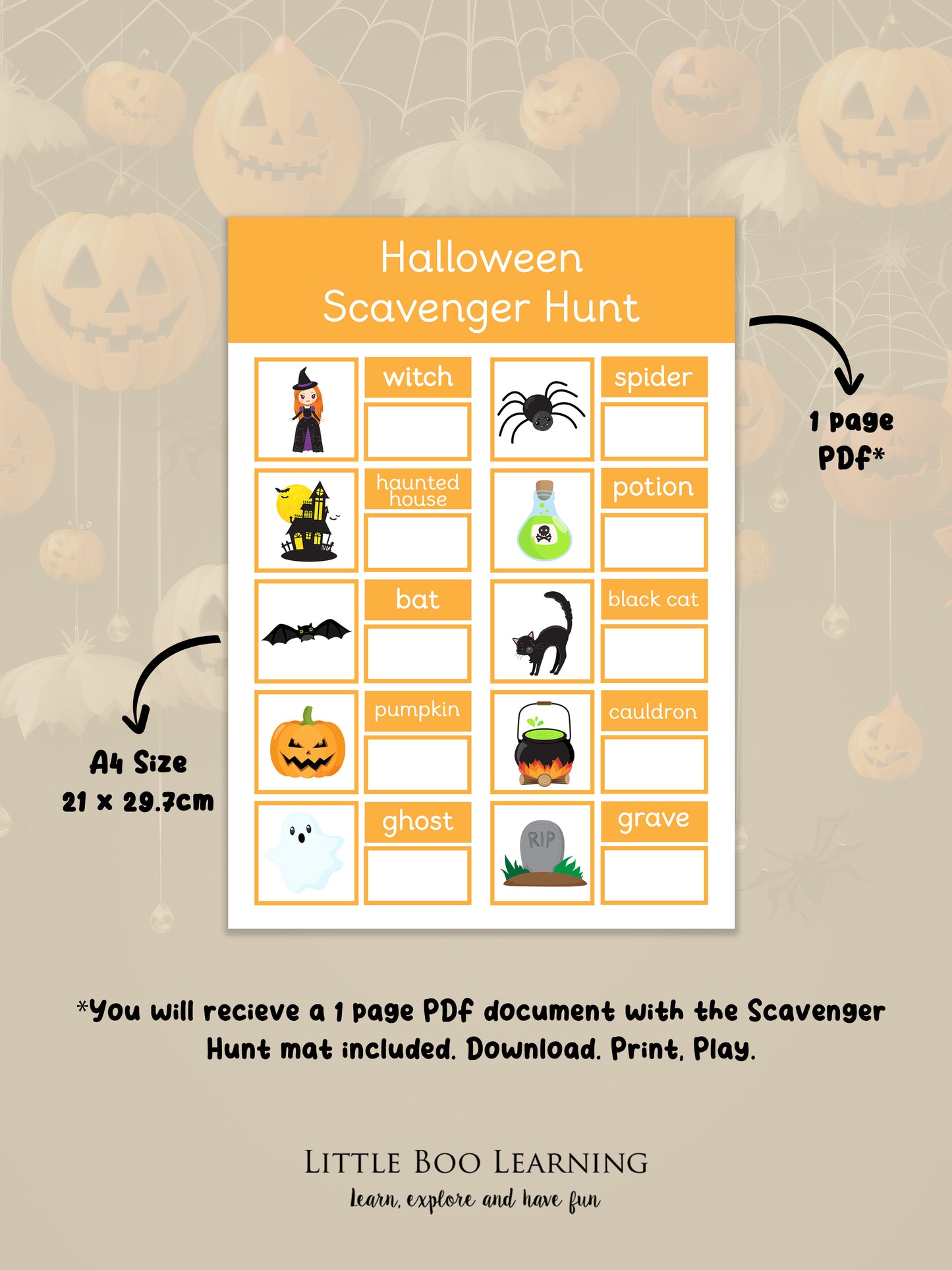 Halloween Scavenger Hunt game sheet with illustrations on a decorative background.