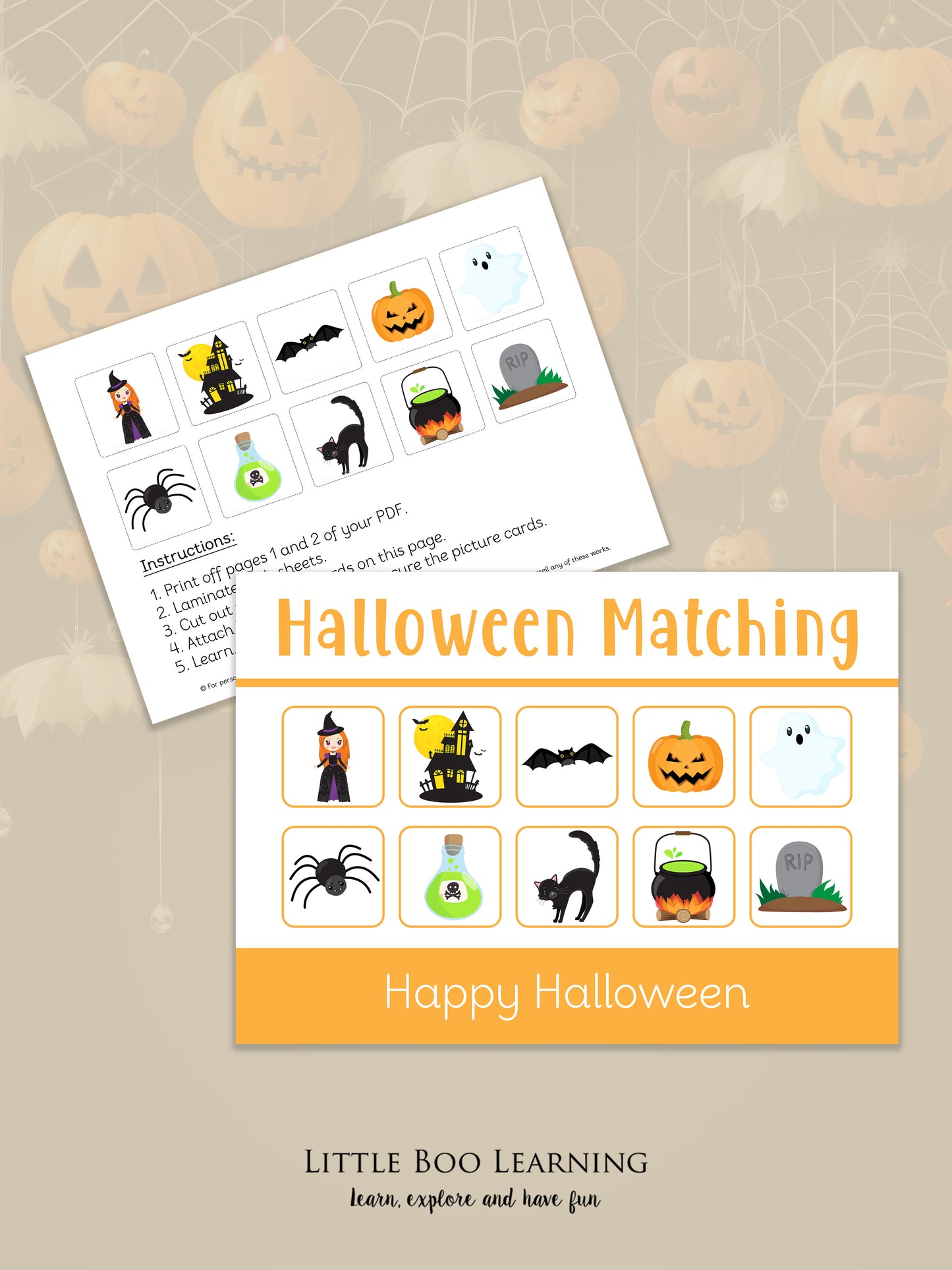 Halloween-themed matching game sheet with icons on a beige background with pumpkins.