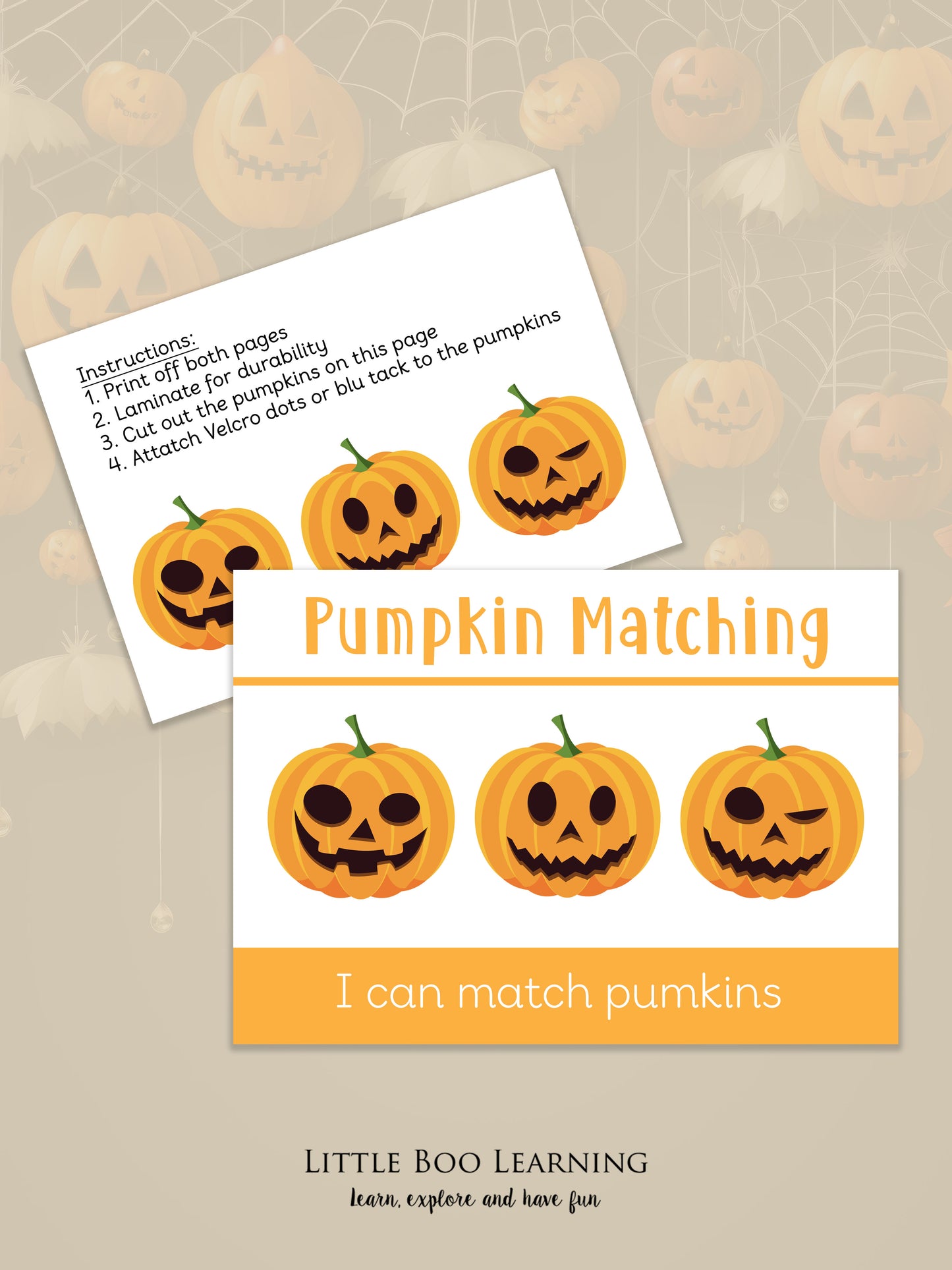 Halloween-themed educational activity sheet for pumpkin matching on a beige background with pumpkins.