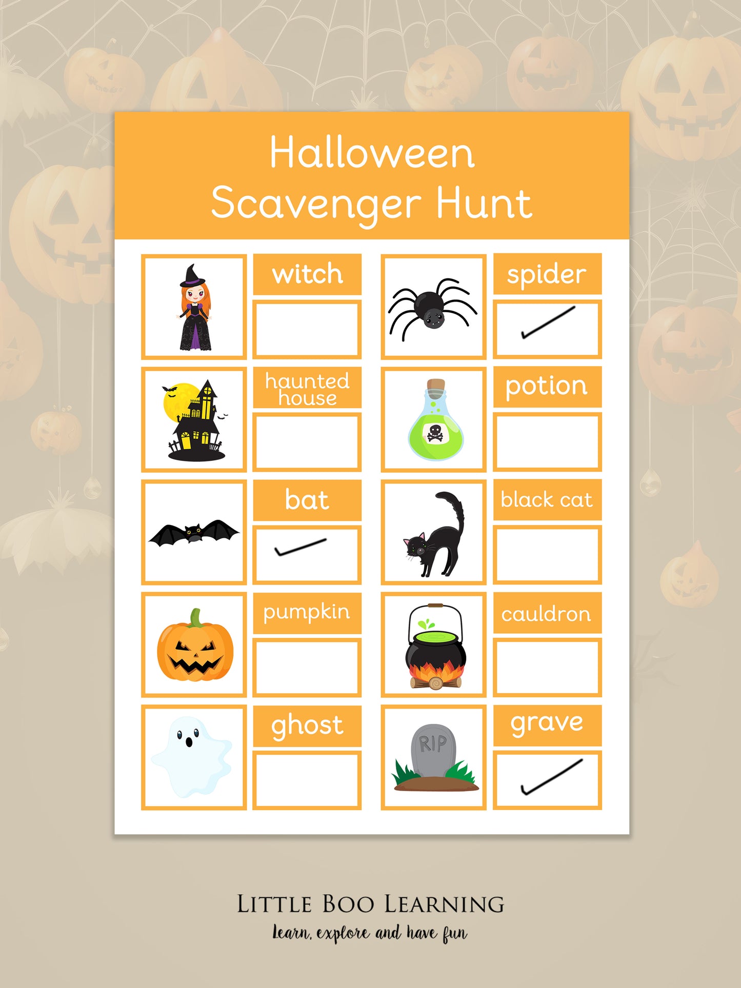 Halloween Scavenger Hunt game sheet with icons and text on a Halloween-themed background.