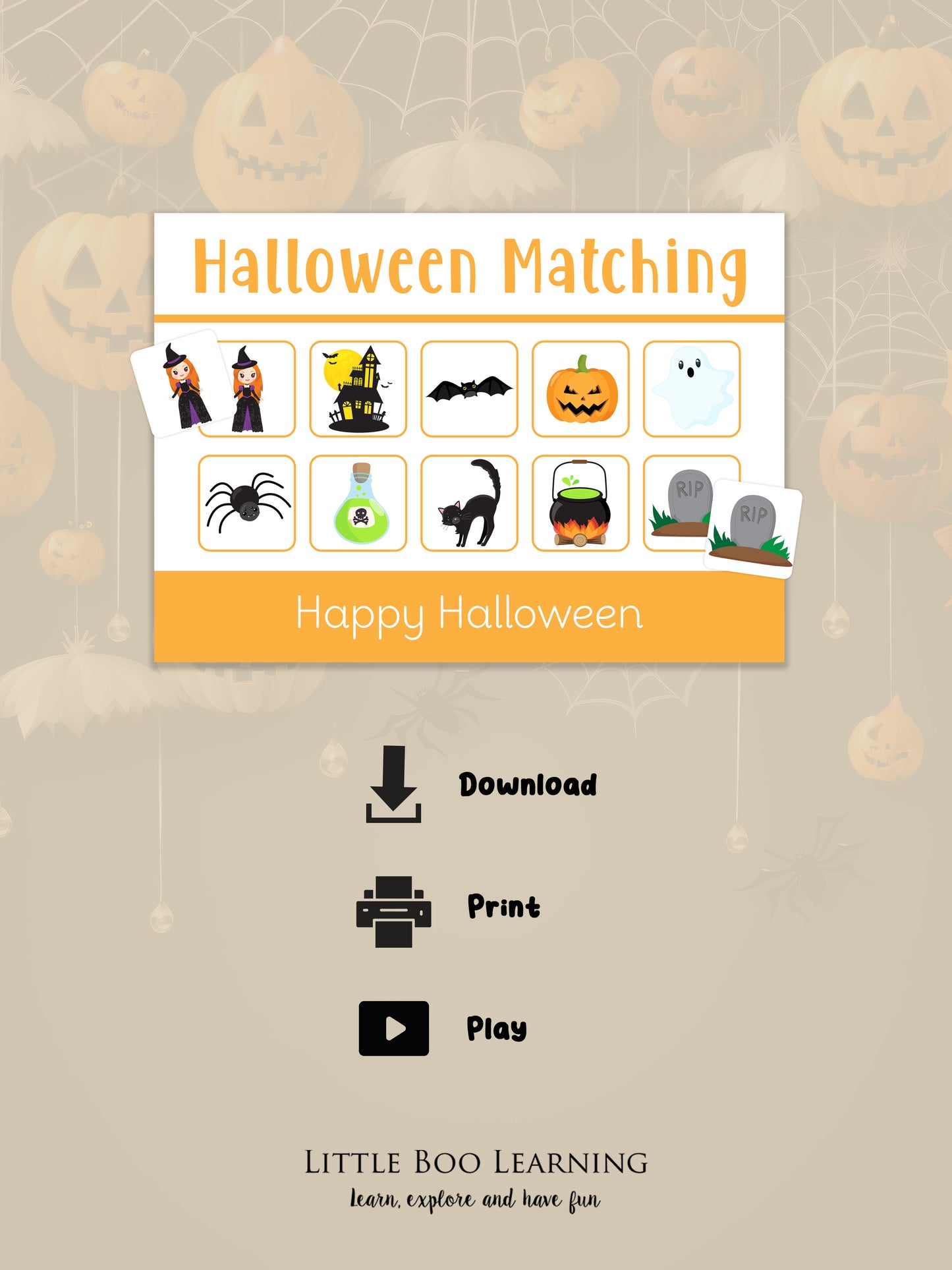 Halloween-themed matching game with icons and text on a beige background with pumpkins.