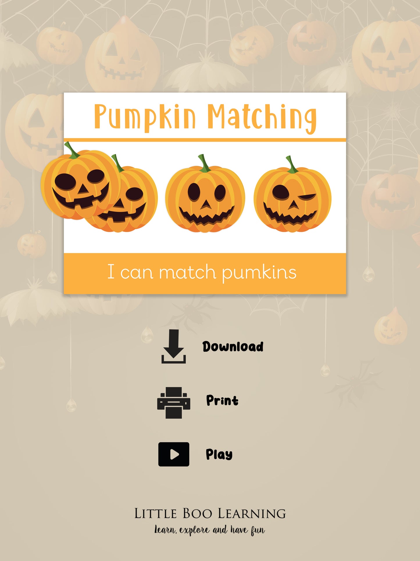 Halloween-themed activity sheet for pumpkin matching with pumpkins on a beige background.