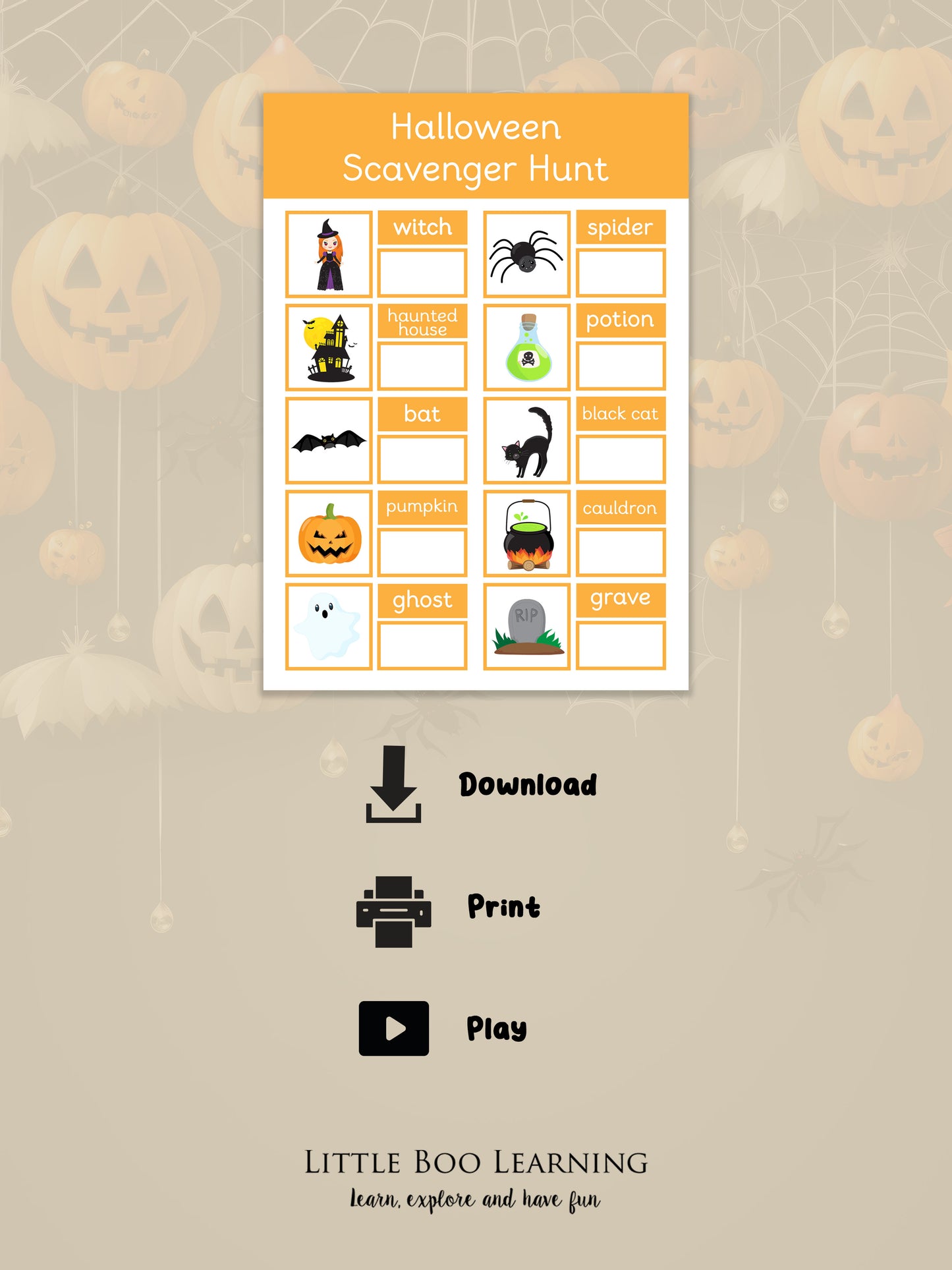 Halloween scavenger hunt sheet with icons on a beige background with pumpkins.
