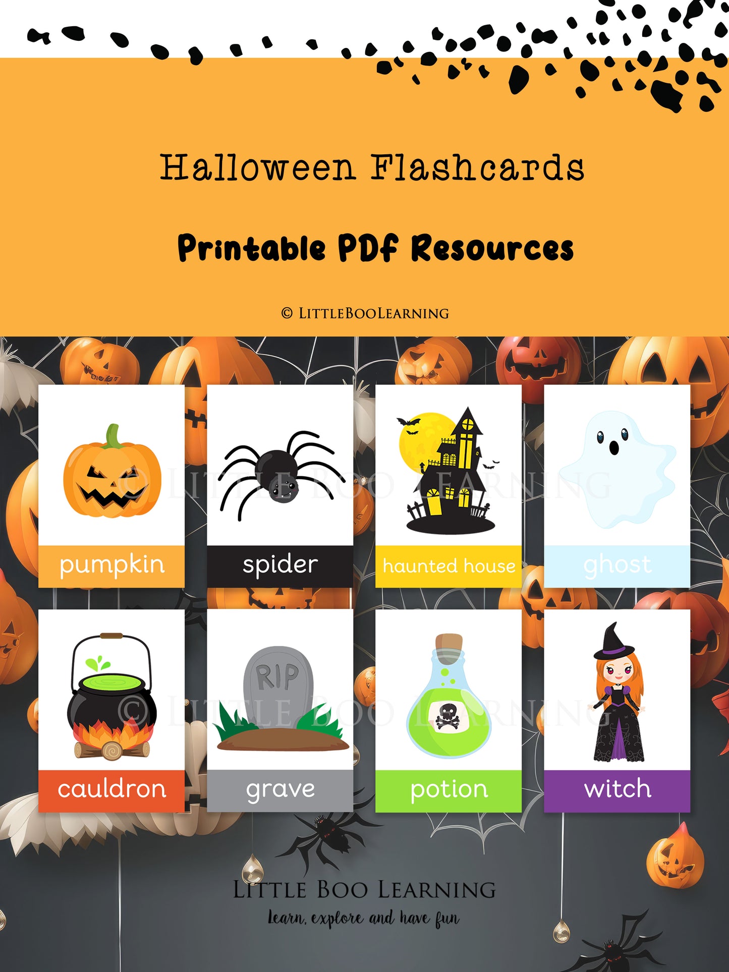 Halloween flashcards with images and words on a colorful background