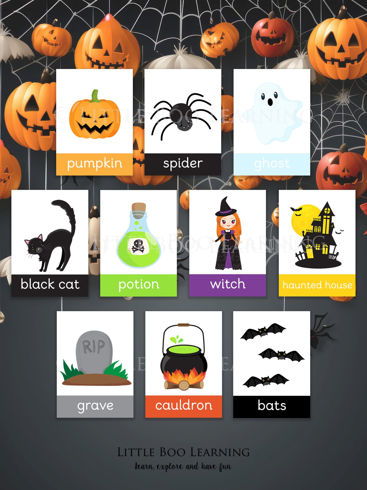 Halloween-themed flashcards with images and words on a dark background