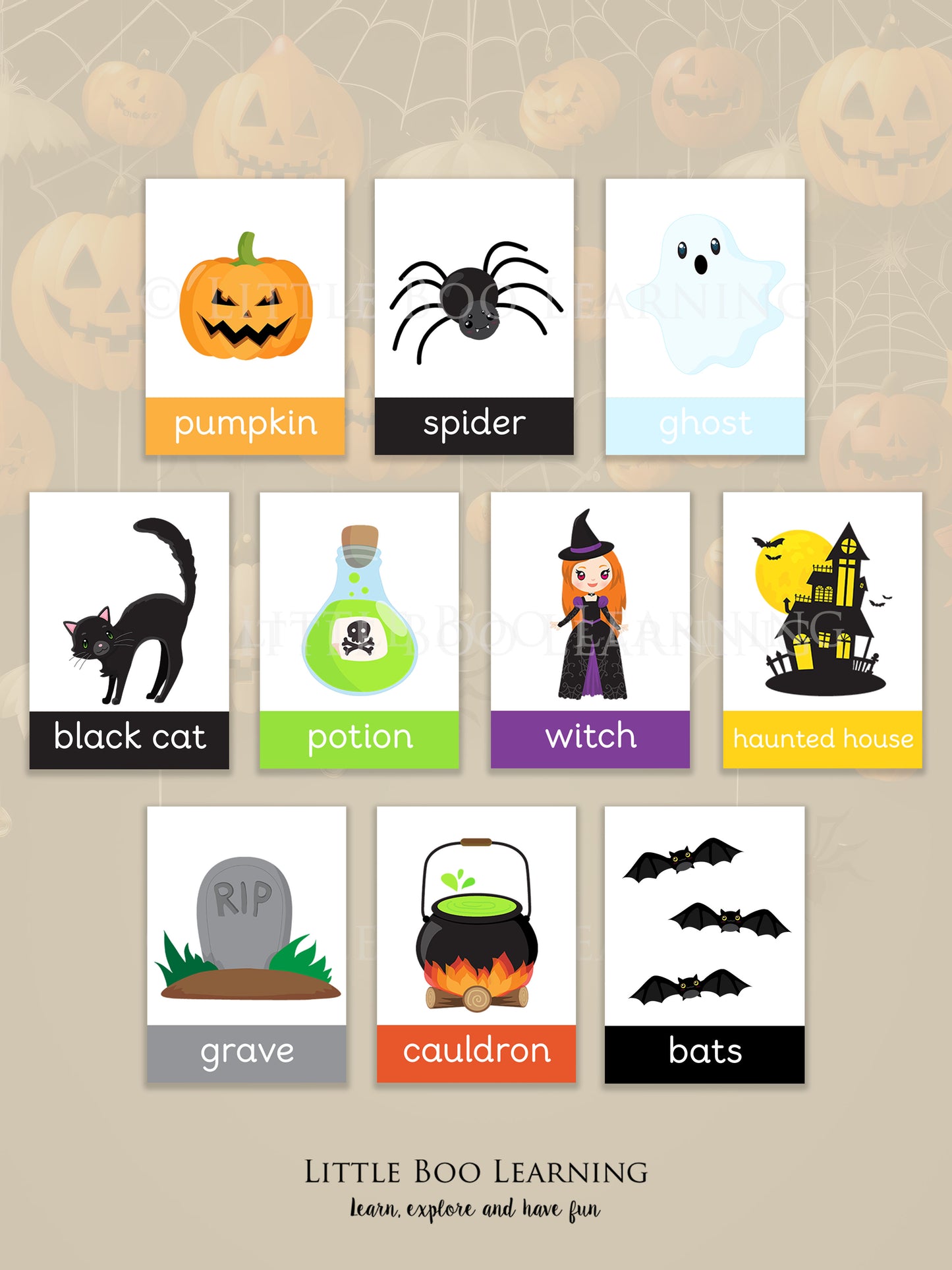 Set of Halloween-themed flashcards with illustrations and labels on a beige background.