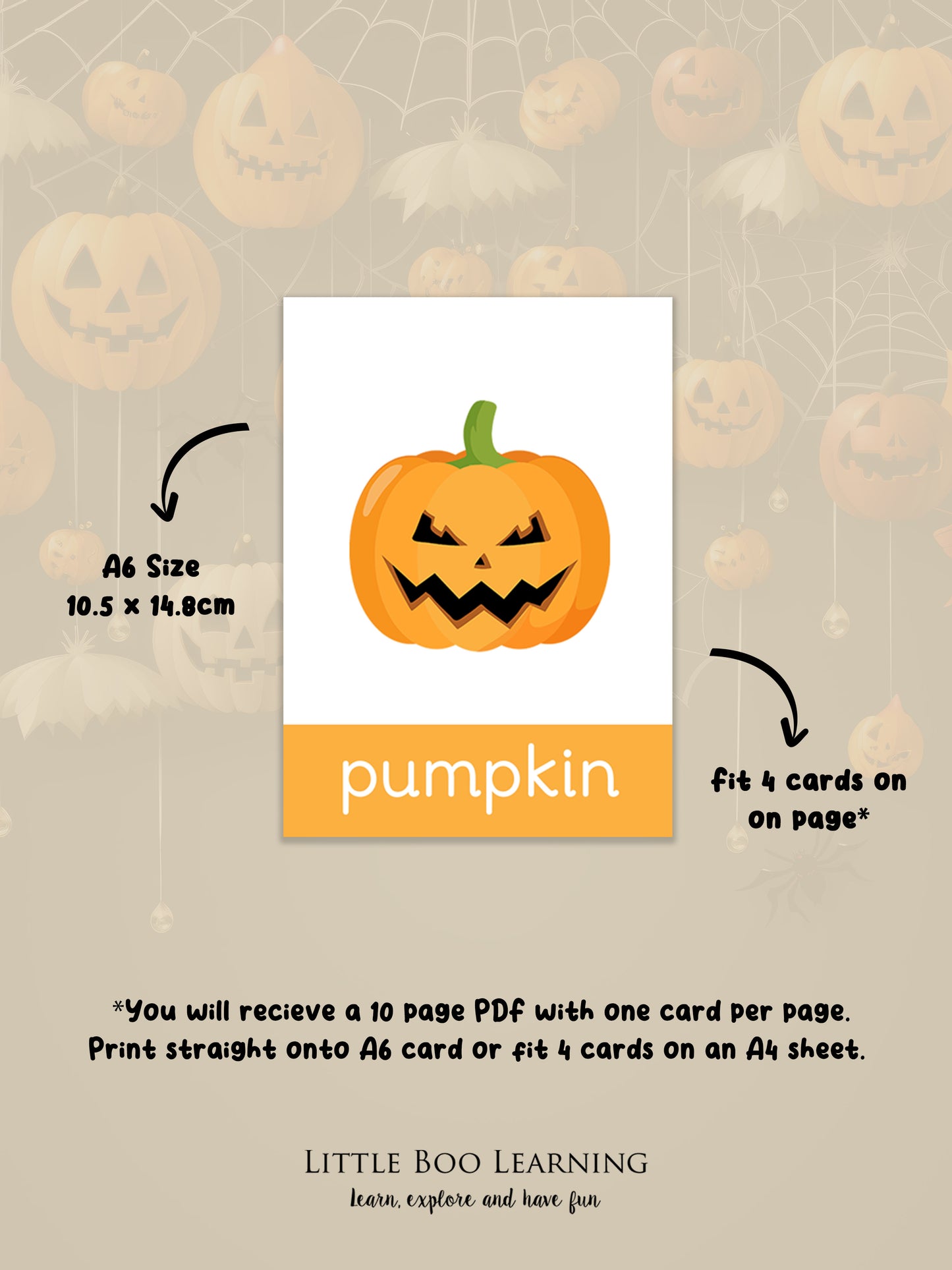 Halloween-themed card with a pumpkin design on a beige background with pumpkins.