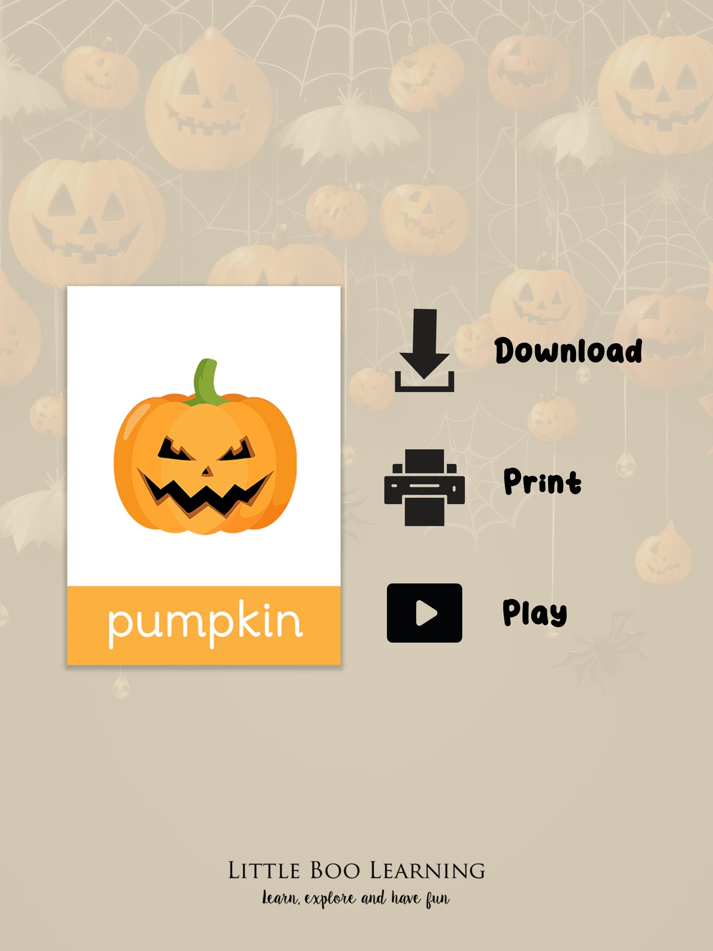 Halloween-themed card with a pumpkin illustration and icons for download, print, and play on a beige background.