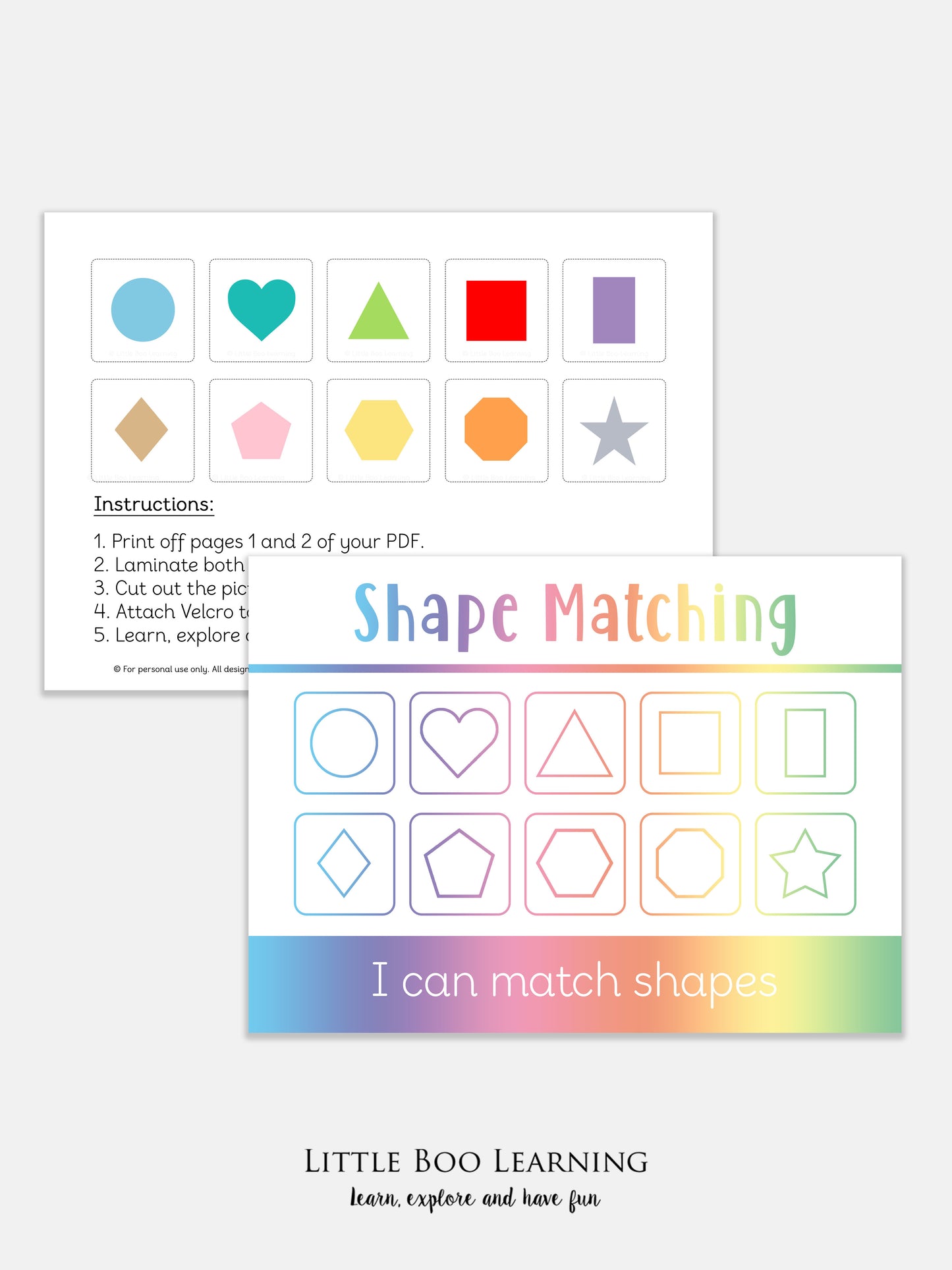 Shape matching educational activity sheet with colorful shapes and instructions.
