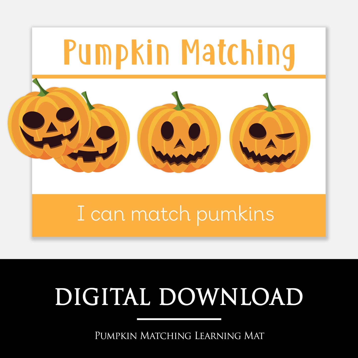 Pumpkin matching learning mat with three cartoon pumpkins on a white background.