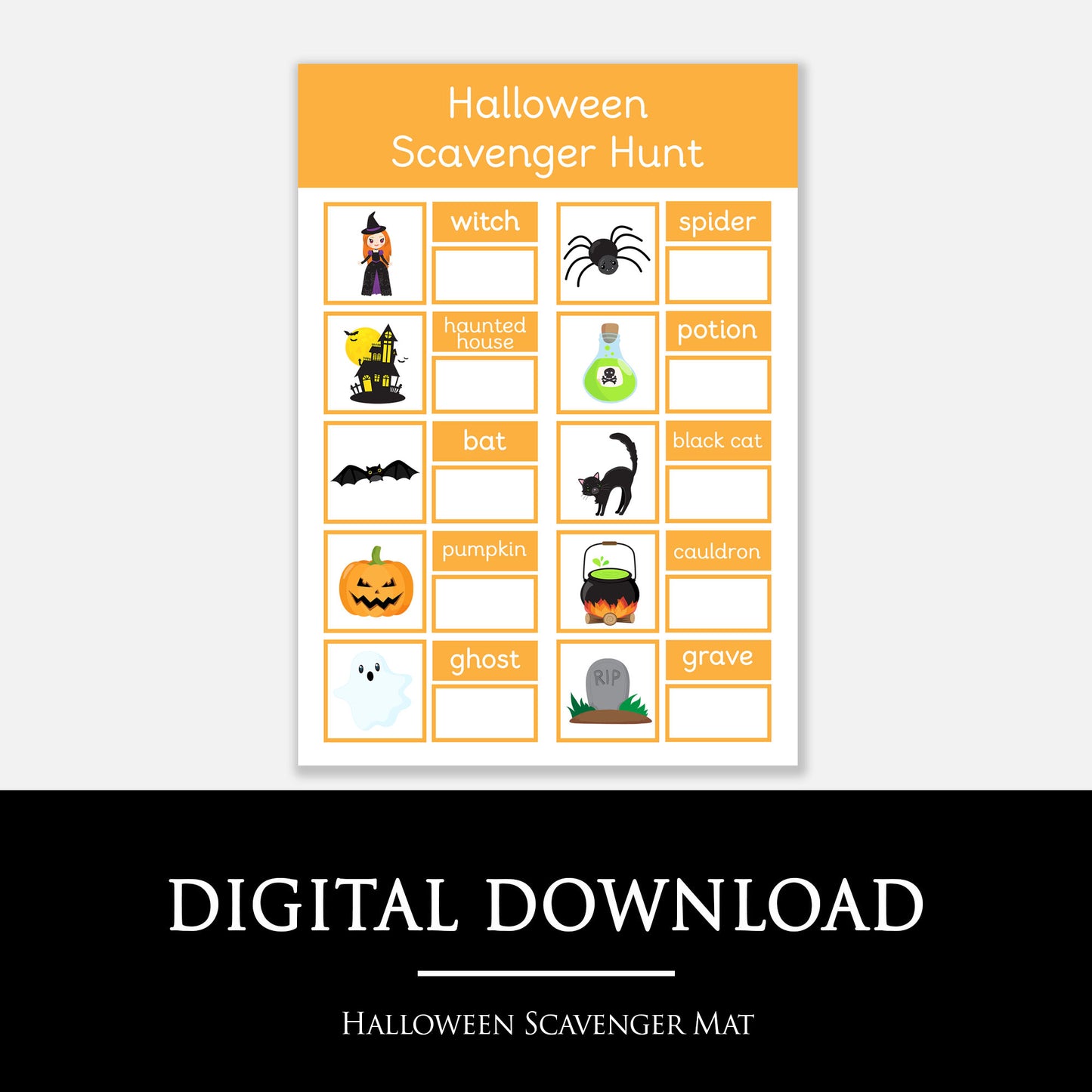 Halloween Scavenger Hunt game sheet with icons and text on a white background