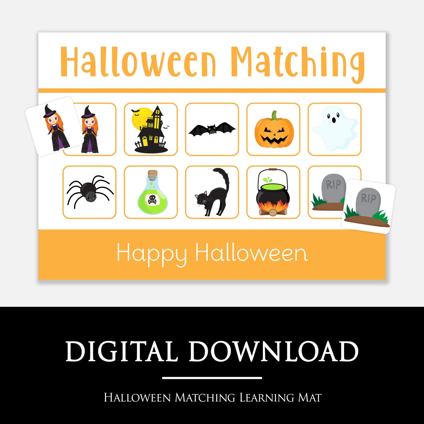 Halloween matching learning mat printable PDF resources.