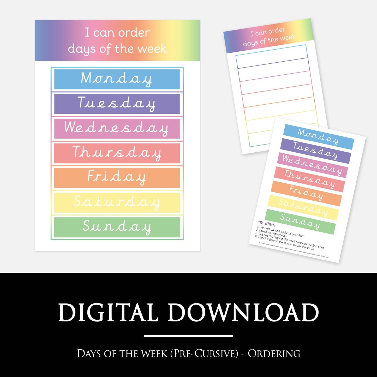 Days of The Week Ordering Mat (Pre-Cursive) | Digital Download-Little Boo Learning-Days of The Week