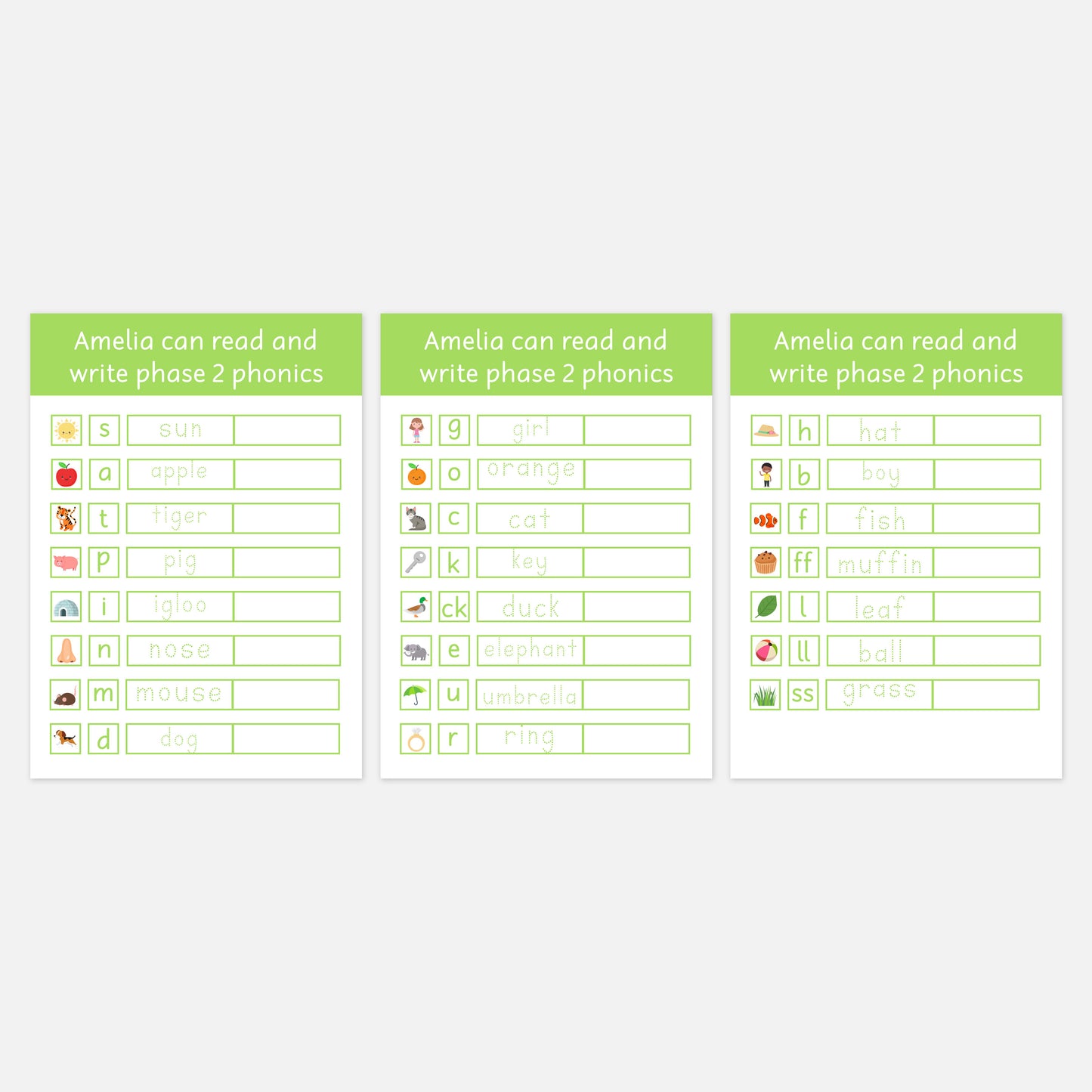 PERSONALISED Phonics Phase 2 Read-Trace-Write Wipe Clean Learning Mats (3 Pack) <br /> <br /> More colours available-Little Boo Learning-Learning Mat,learning mats