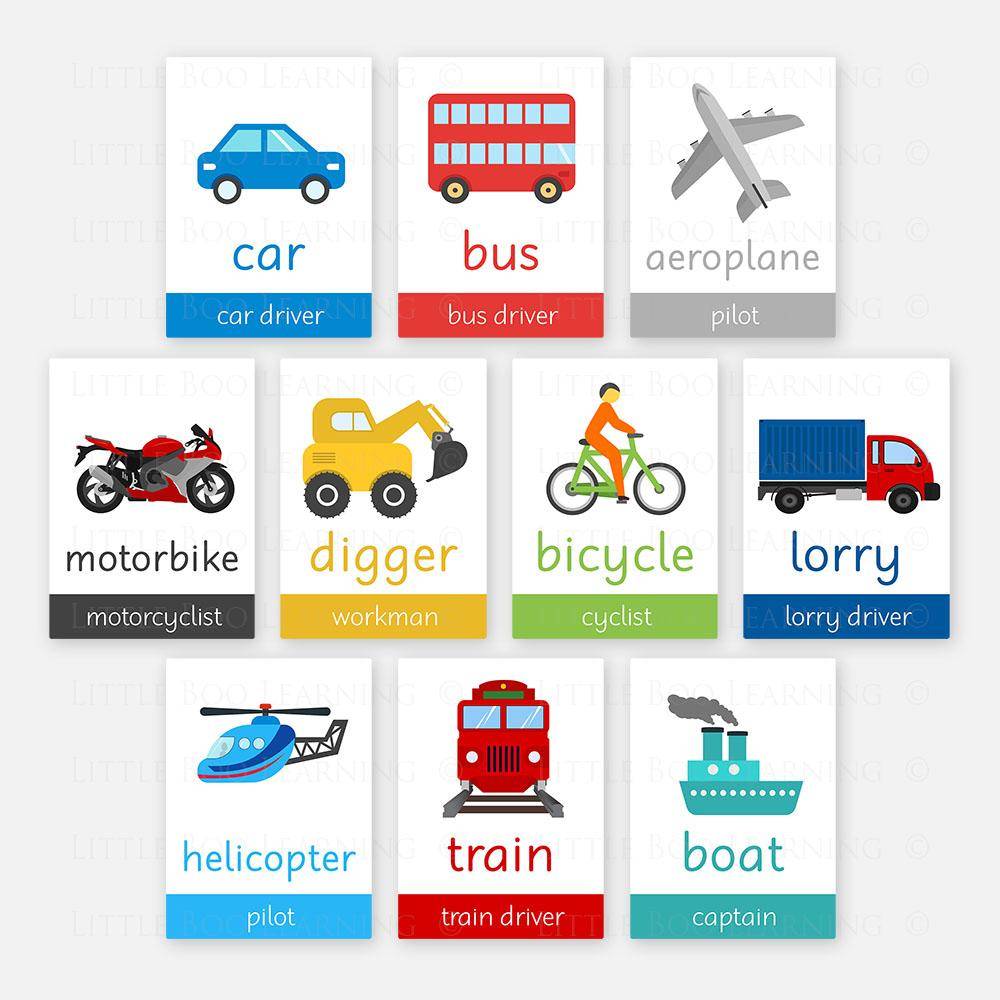 Transport Flashcards-Little Boo Learning-A6,black,blue,Colours,Flashcards,green,pink,purple,red,white,yellow