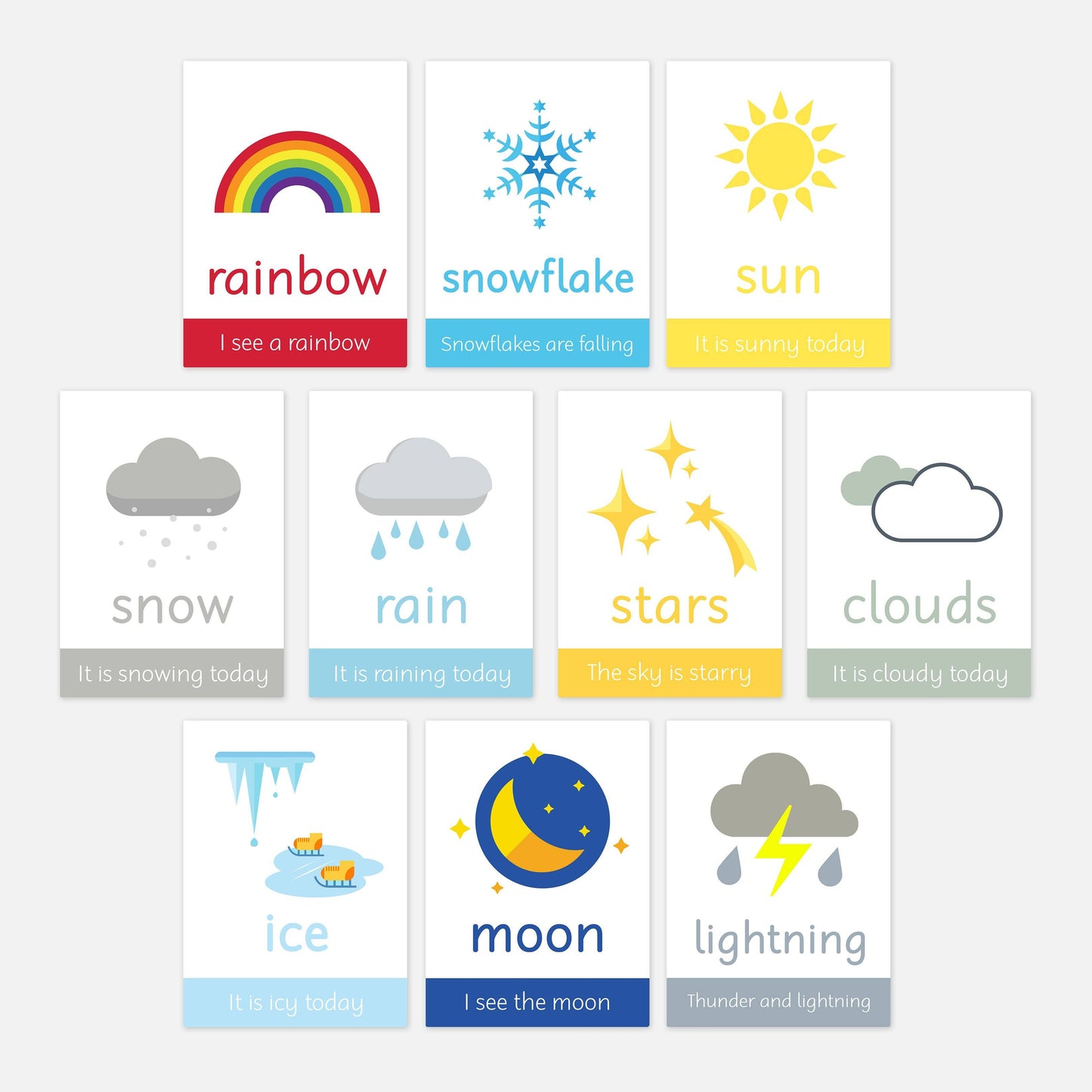 Weather Flashcards-Little Boo Learning-cloudy,flashcards,moon,rainbow,snowy,stars,sun,weather