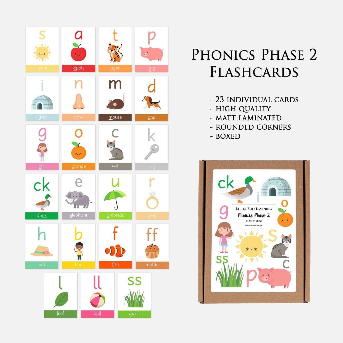 Phonics Phase 2 Pre-School / Reception Flashcards-Little Boo Learning-A6,educational,Flashcards,letters and sounds,Little Boo Learning,phase 2 phonics,phonics,toddler