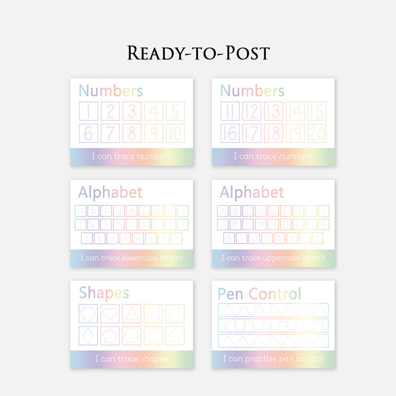 READY-TO-POST Set of 6 Wipe Clean Learning Mats (PASTEL RAINBOW)-Little Boo Learning-