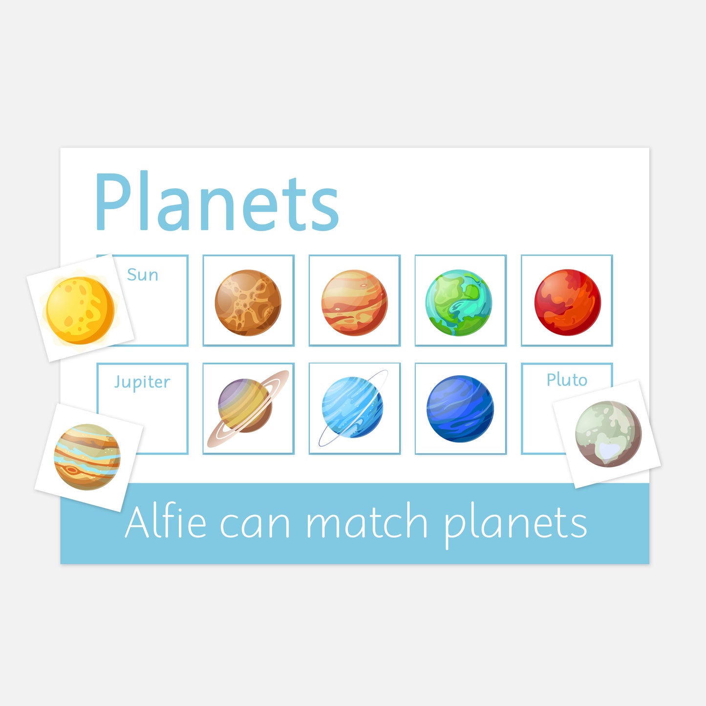 Personalised Planets Learning Mat (Version 2 - Words) <br /> <br /> More colours available-Little Boo Learning-Learning Mat,planets,space,toddler