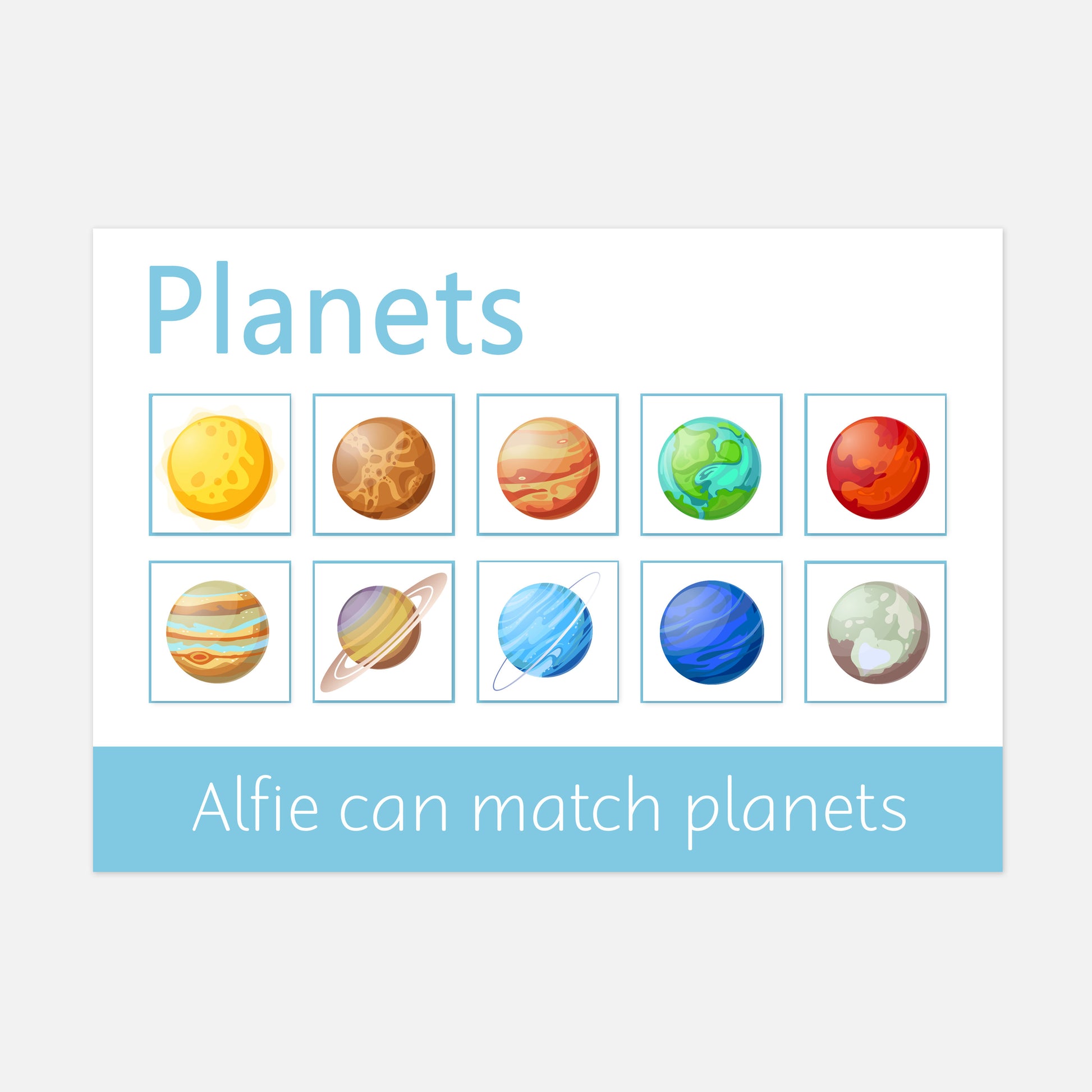 Personalised Planets Learning Mat (Version 2 - Words) <br /> <br /> More colours available-Little Boo Learning-Learning Mat,planets,space,toddler