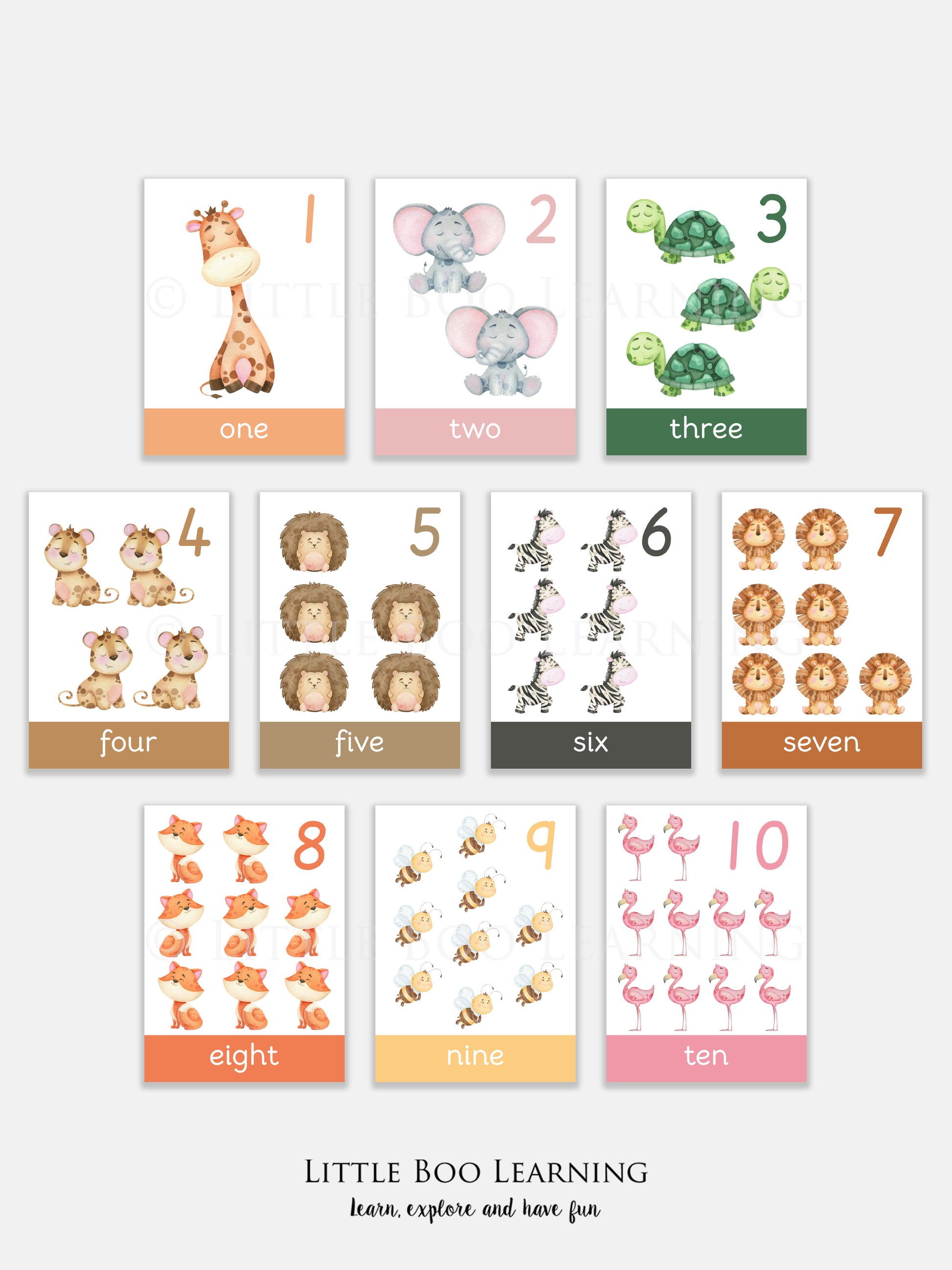 Set of educational cards with animals and numbers for learning purposes, branded 'Little Boo Learning'.