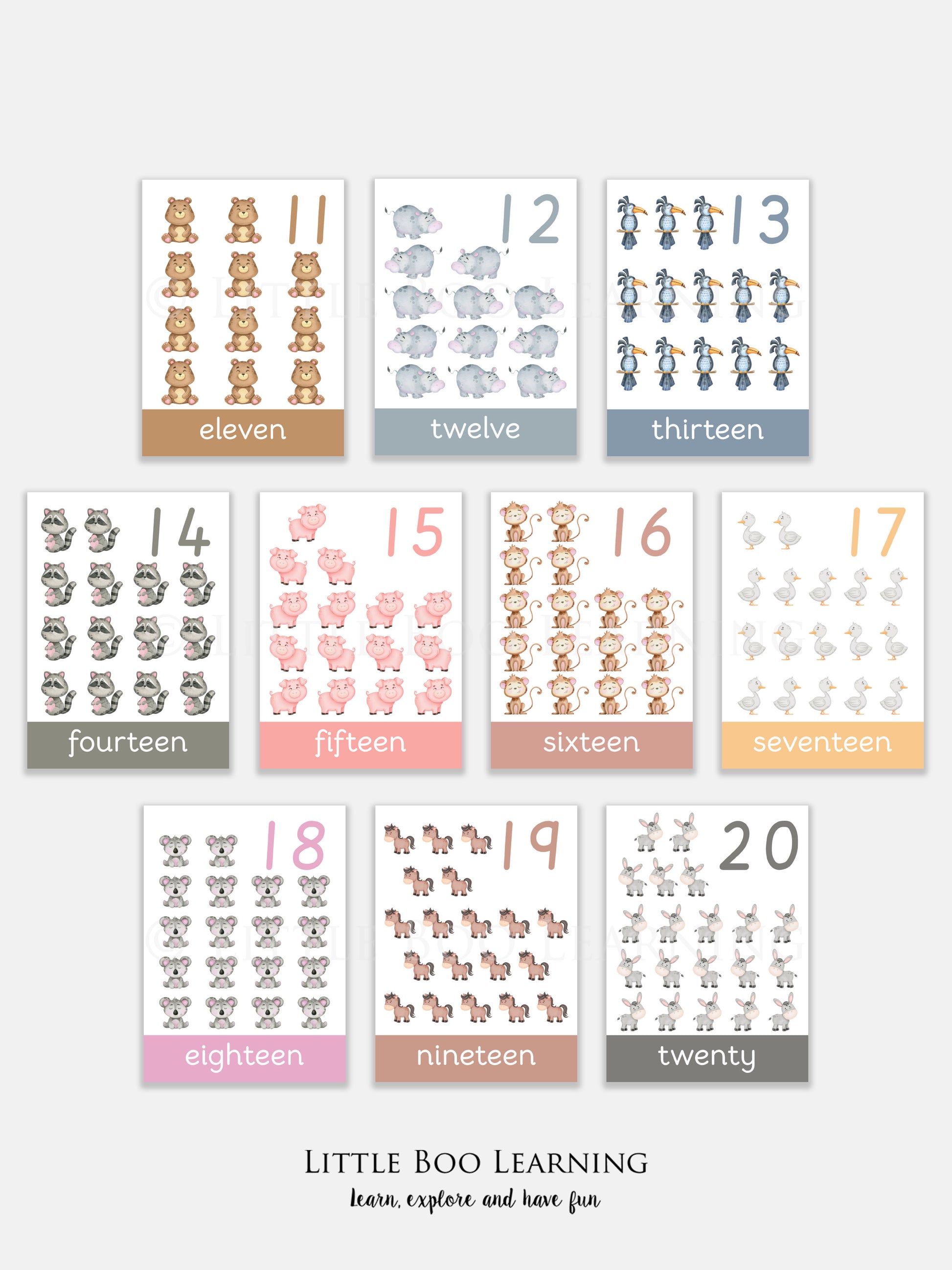 Animal-themed number flashcards for learning numbers 1-20 with a beige border and 'Little Boo Learning' branding.