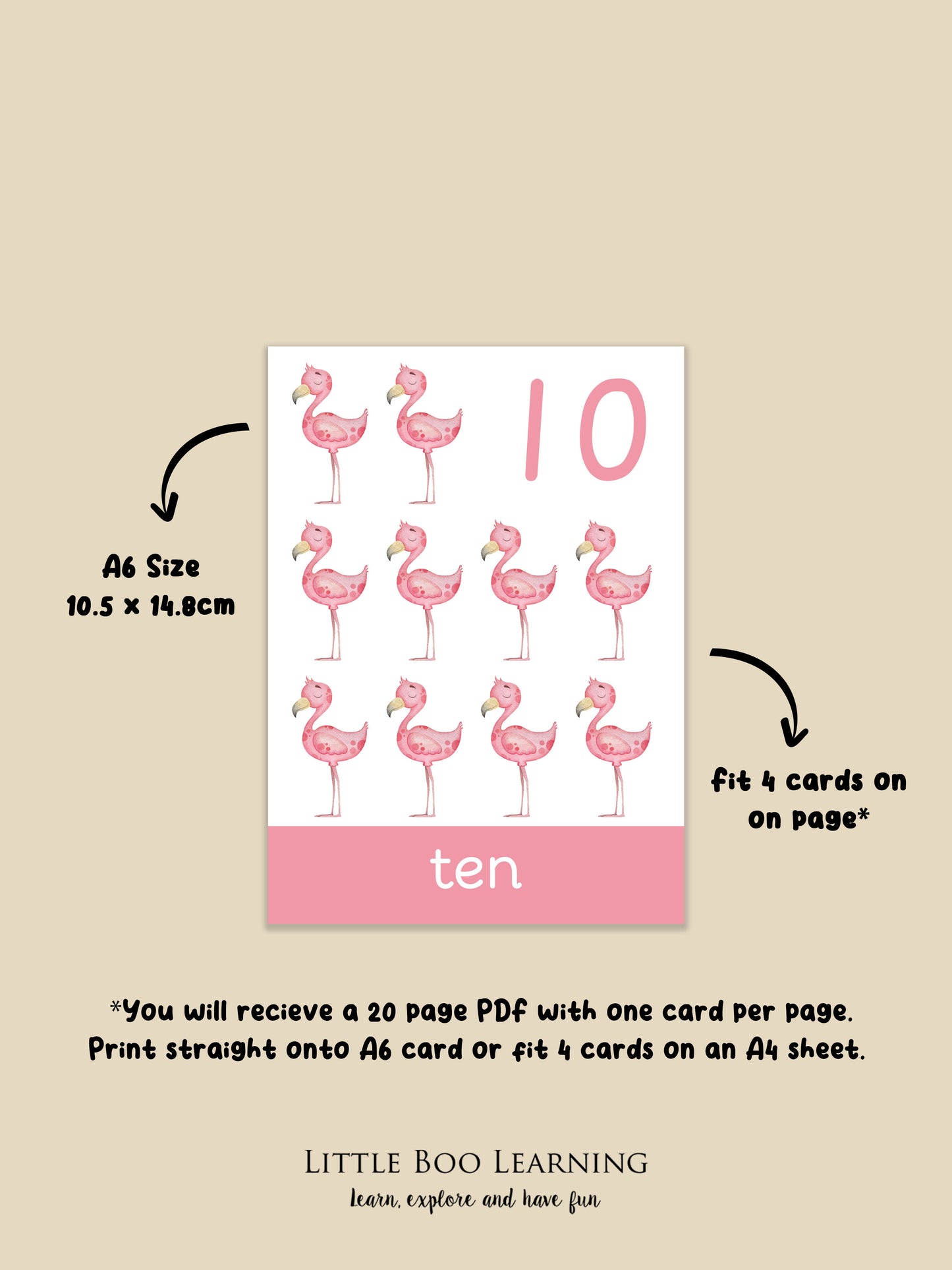 Animal-themed number flashcards for learning numbers 1-20 and 'Little Boo Learning' branding.
