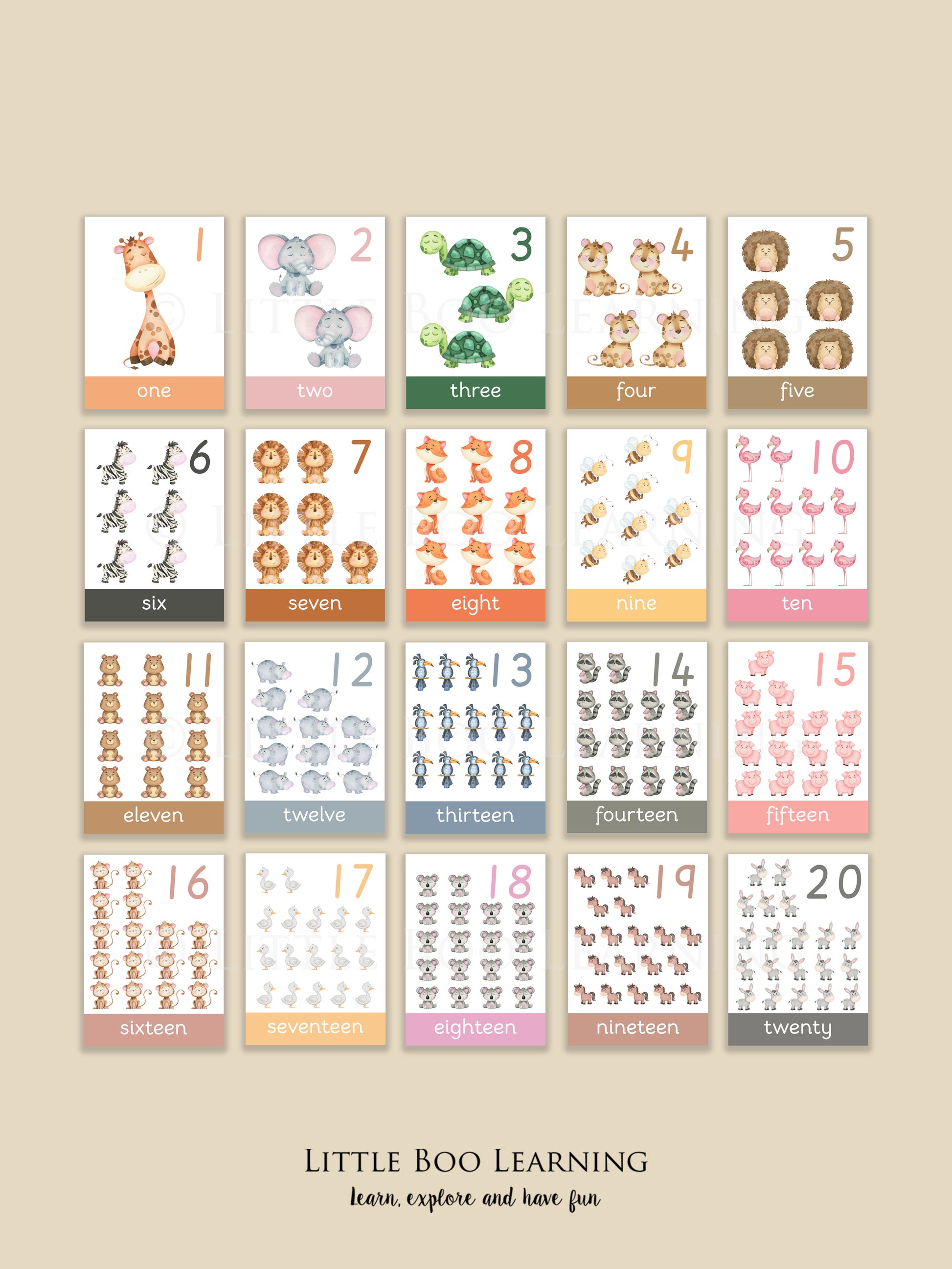 Set of educational cards with numbers and animals on a beige background, branded 'Little Boo Learning'.