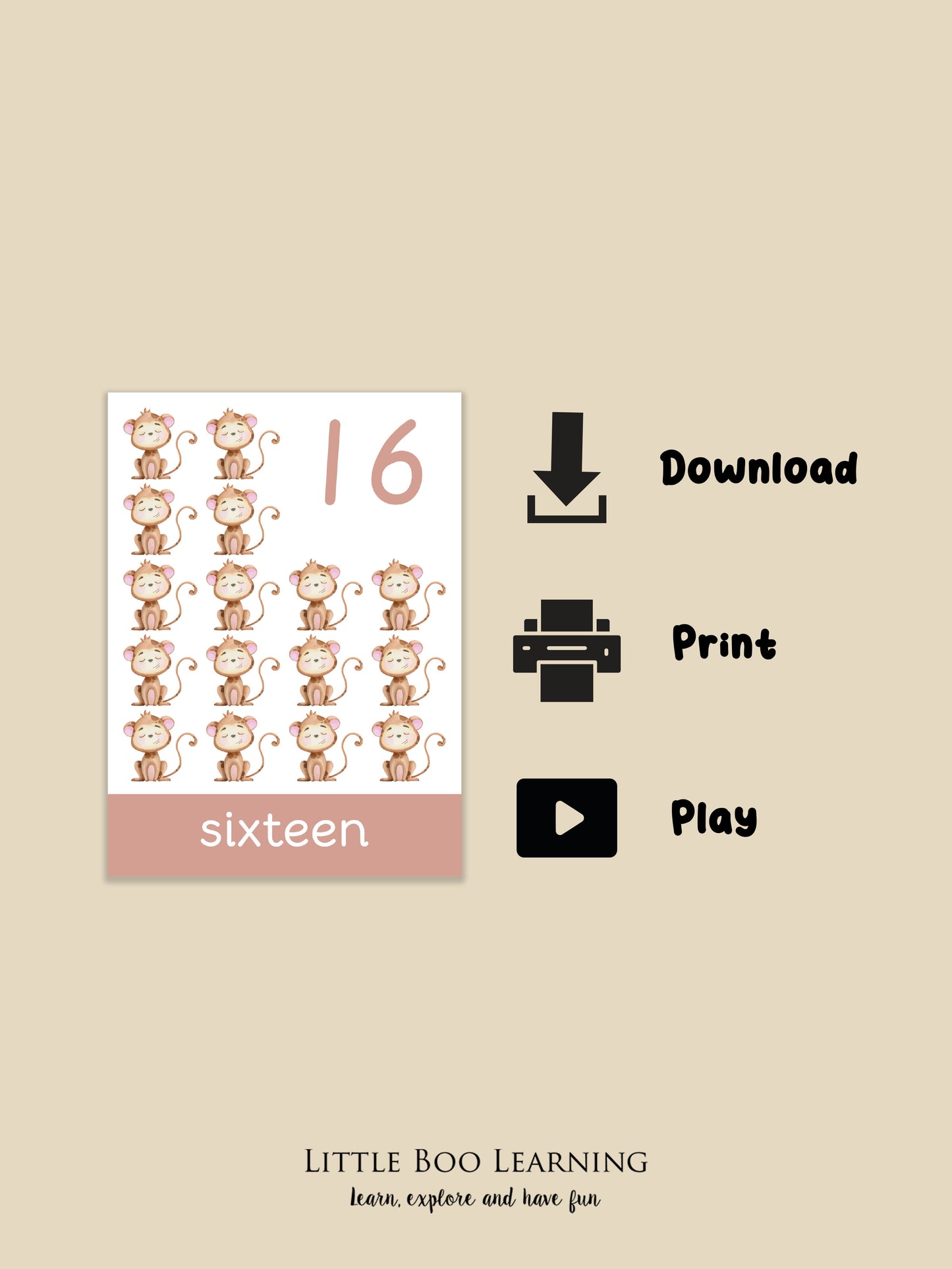 Animal-themed number flashcards for learning numbers 1-20 and 'Little Boo Learning' branding.