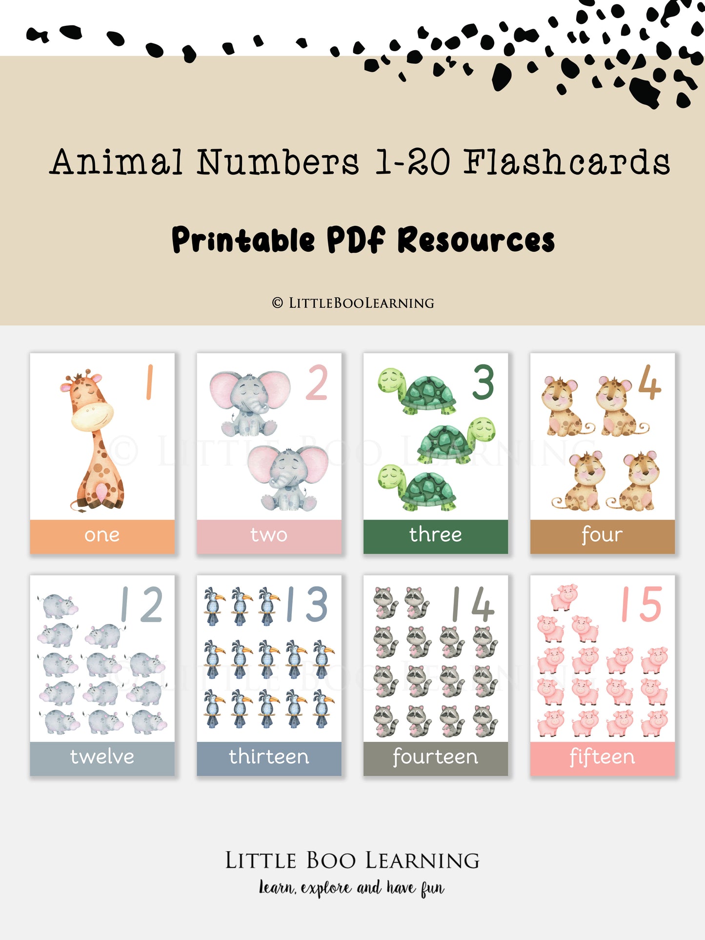 Animal-themed number flashcards for learning numbers 1-20 with a beige border and 'Little Boo Learning' branding.