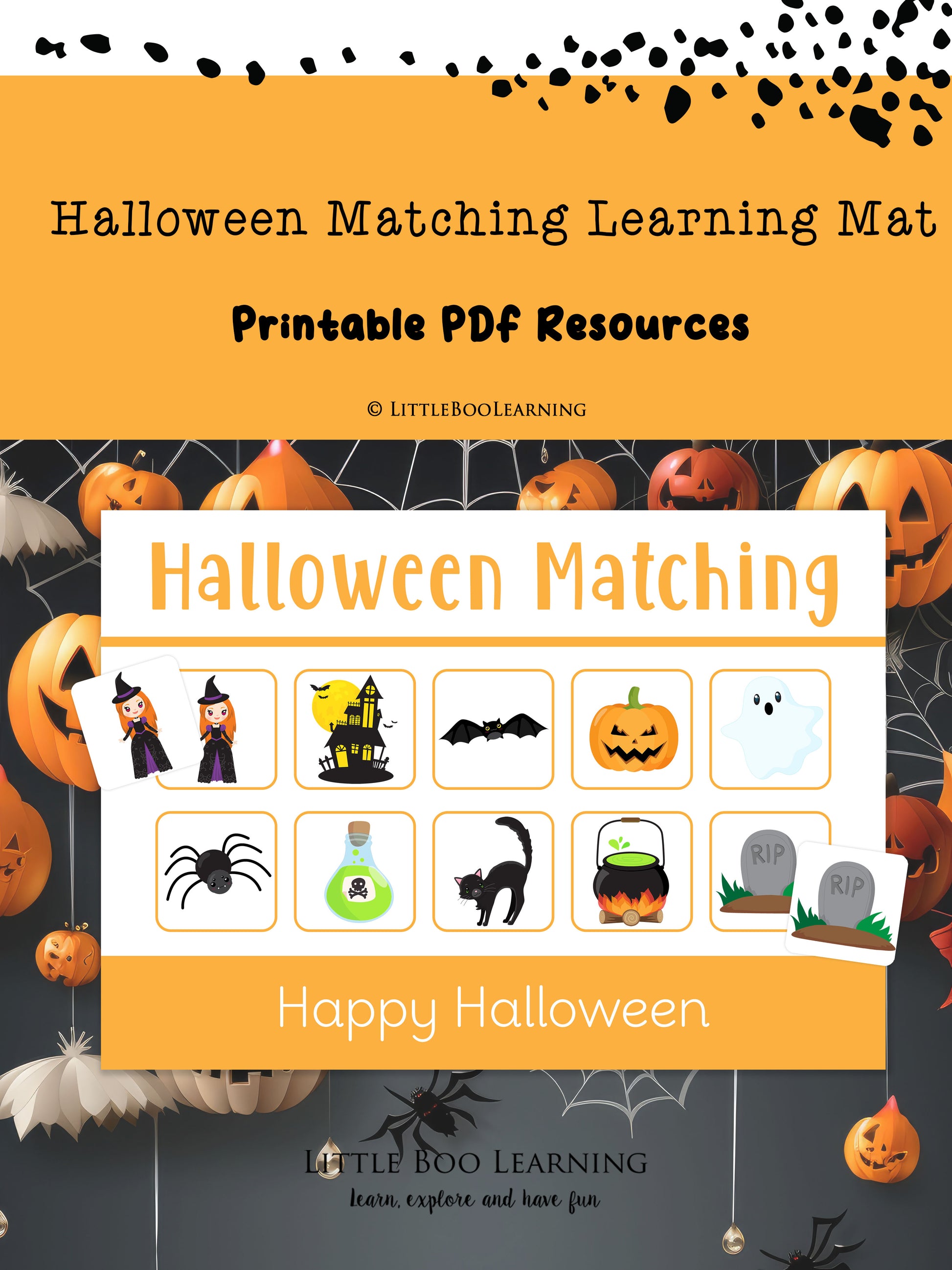 Halloween matching learning mat printable PDF resources with pumpkins and ghosts on an orange background.