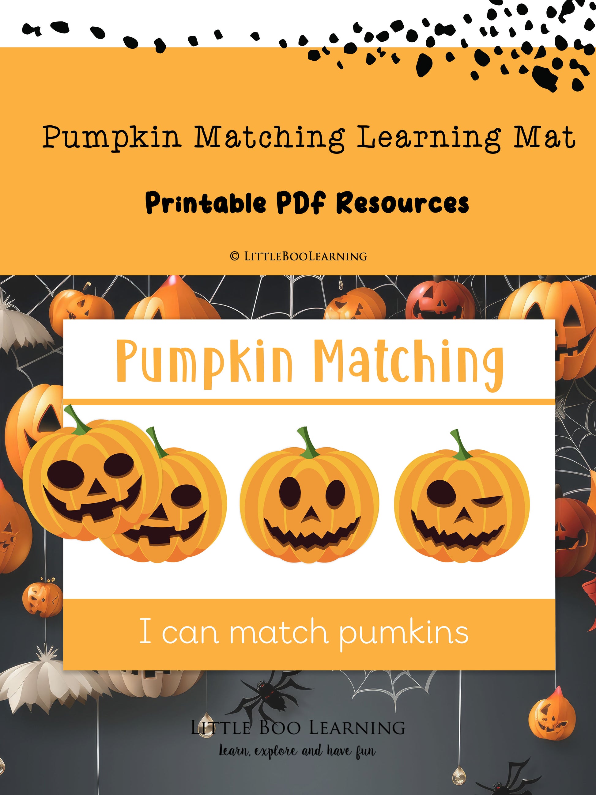 Pumpkin matching learning mat with Halloween-themed design on an orange and black background.