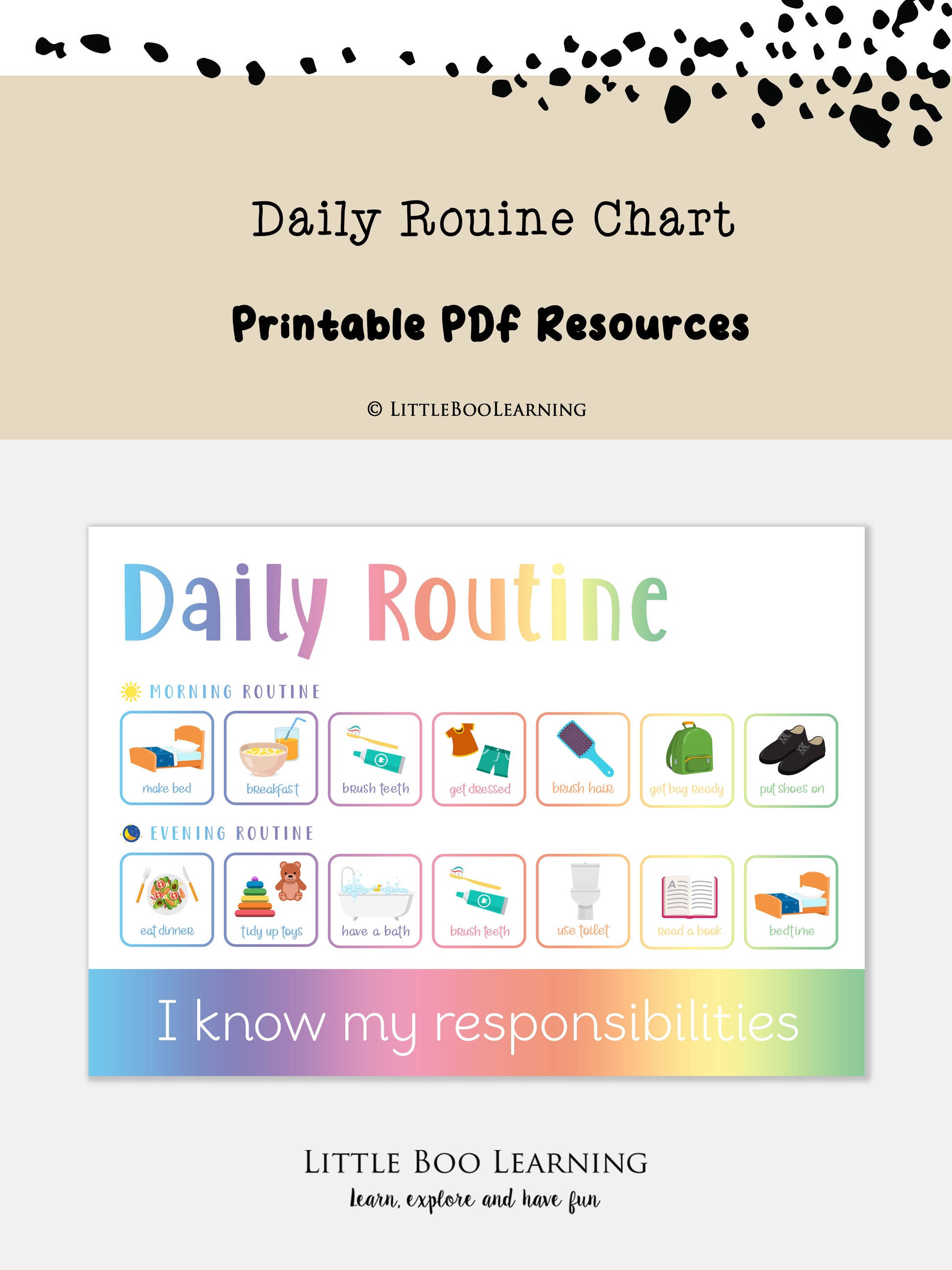 Daily routine chart for children with colorful icons and text on a white background.