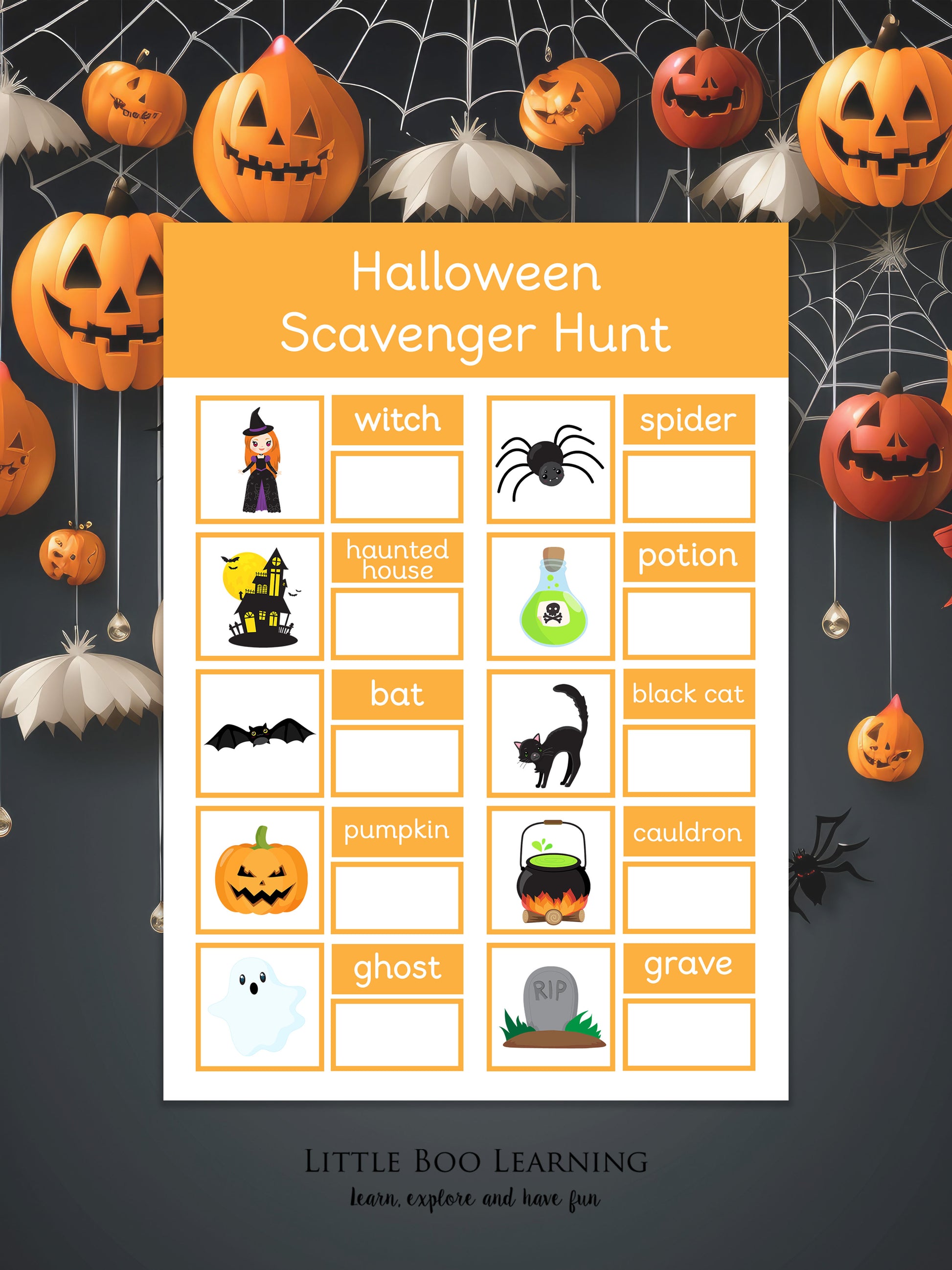 Halloween Scavenger Hunt game sheet with pumpkins and spider webs on a dark background