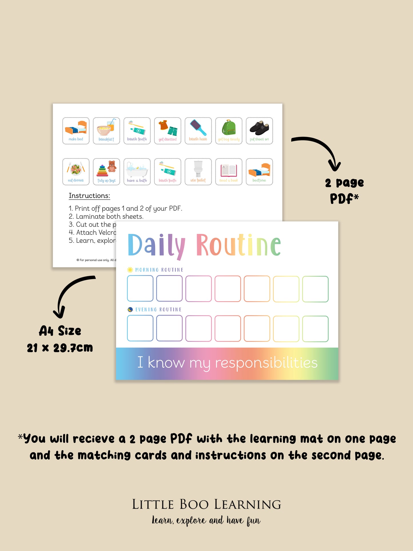 Educational materials for children including a daily routine chart and matching cards on a beige background.
