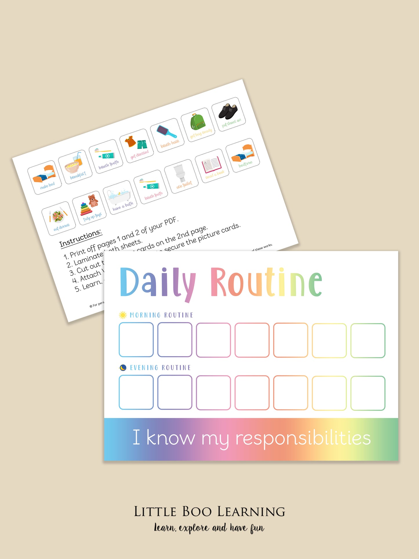 Two educational posters on a beige background, one with icons and the other with a rainbow-colored checklist.