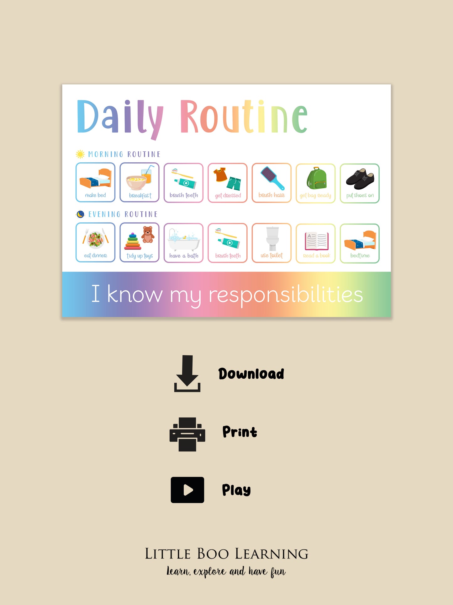 Colorful daily routine chart for children with icons and text on a beige background, featuring the brand 'Little Boo Learning'.