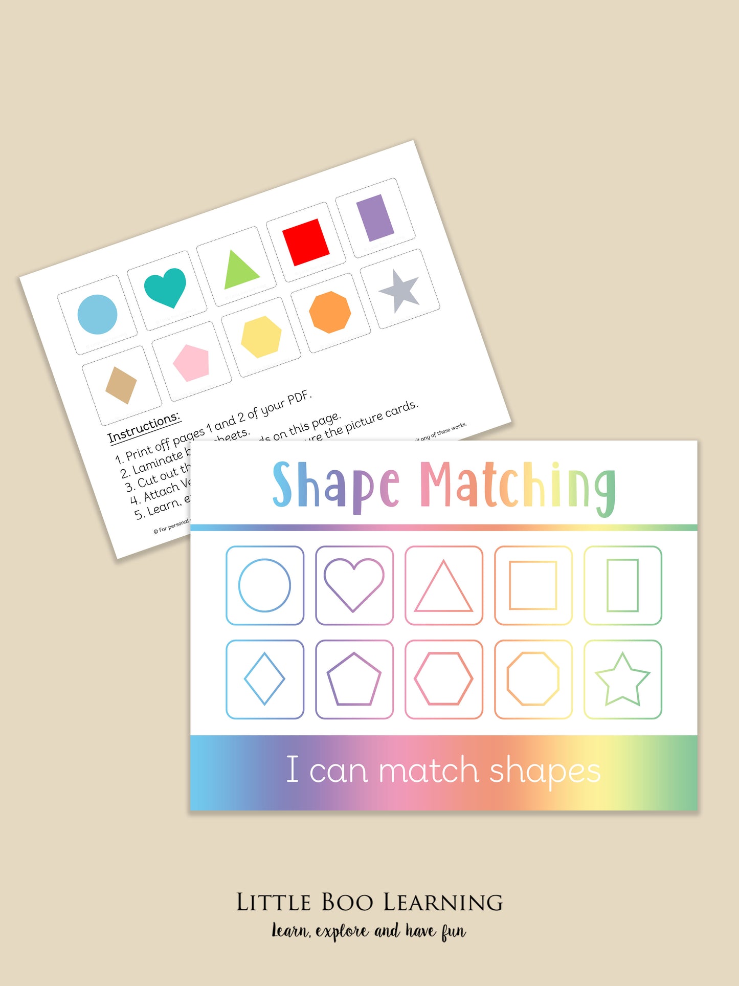 Shape matching educational activity sheet with colorful shapes on a beige background
