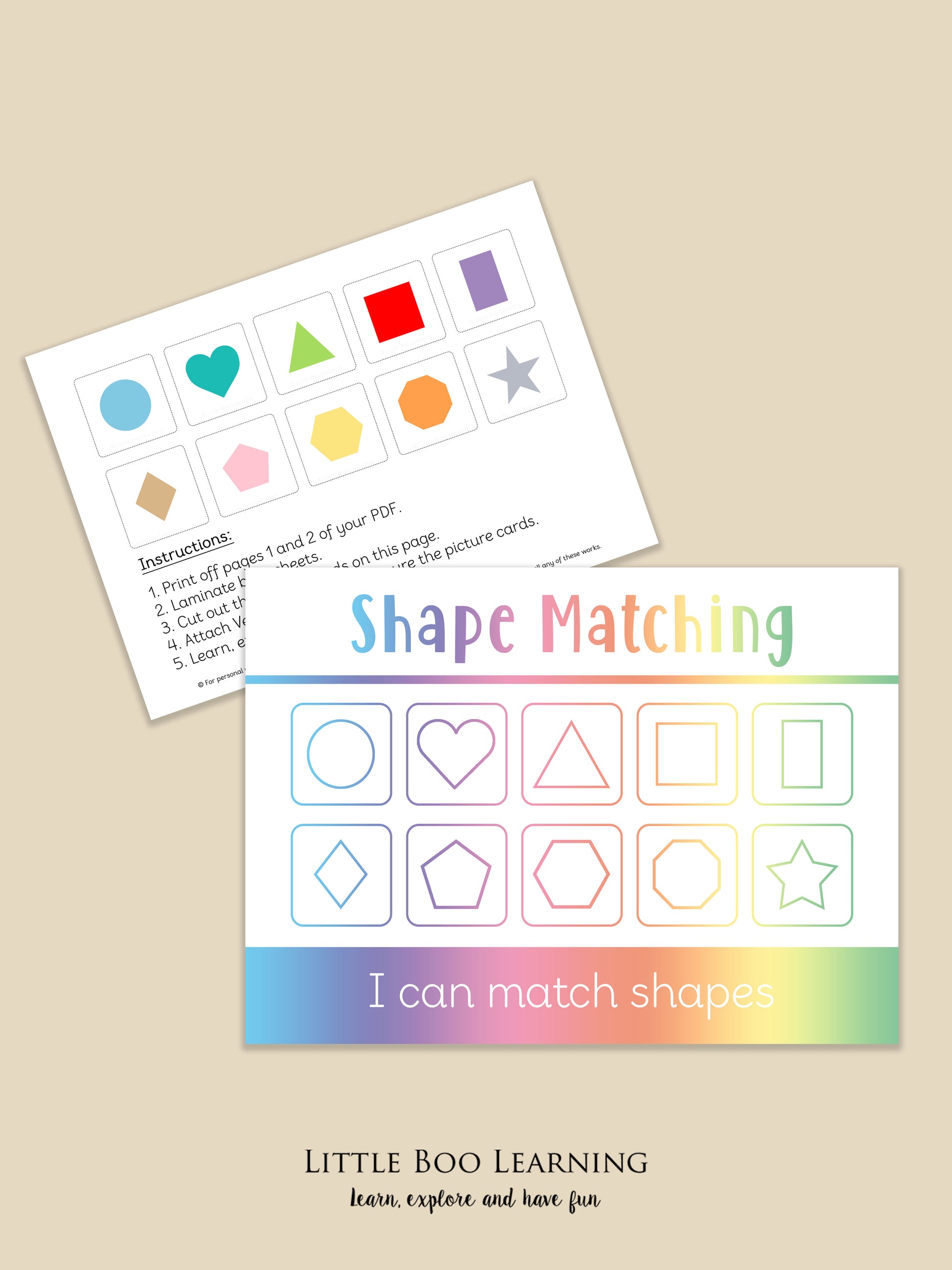 Shape matching educational activity sheet with colorful shapes on a beige background
